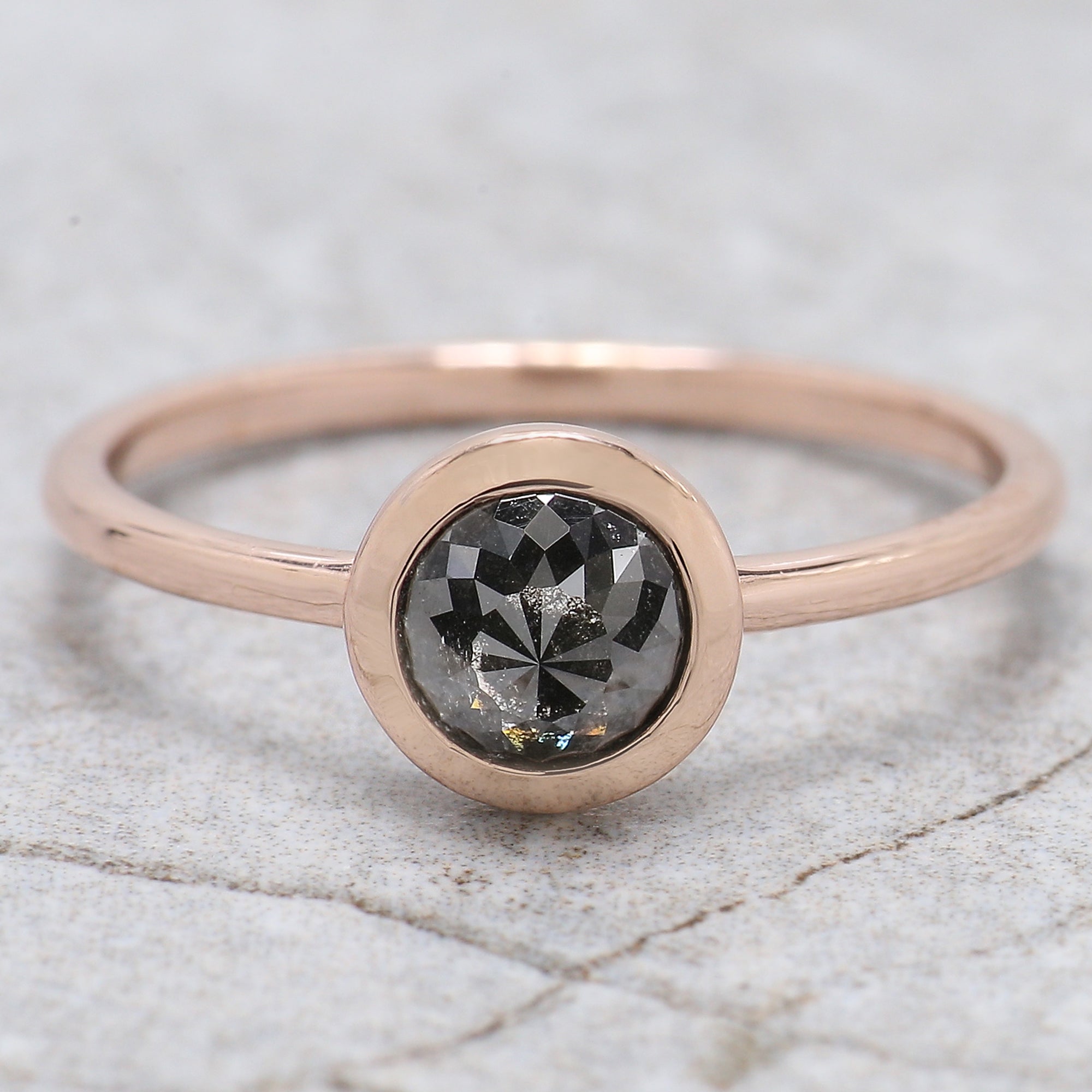 Round Rose Cut Salt And Pepper Diamond Ring 0.90 Ct 5.60 MM Round Shape Diamond Ring 14K Rose Gold Silver Engagement Ring Gift For Her QN8896