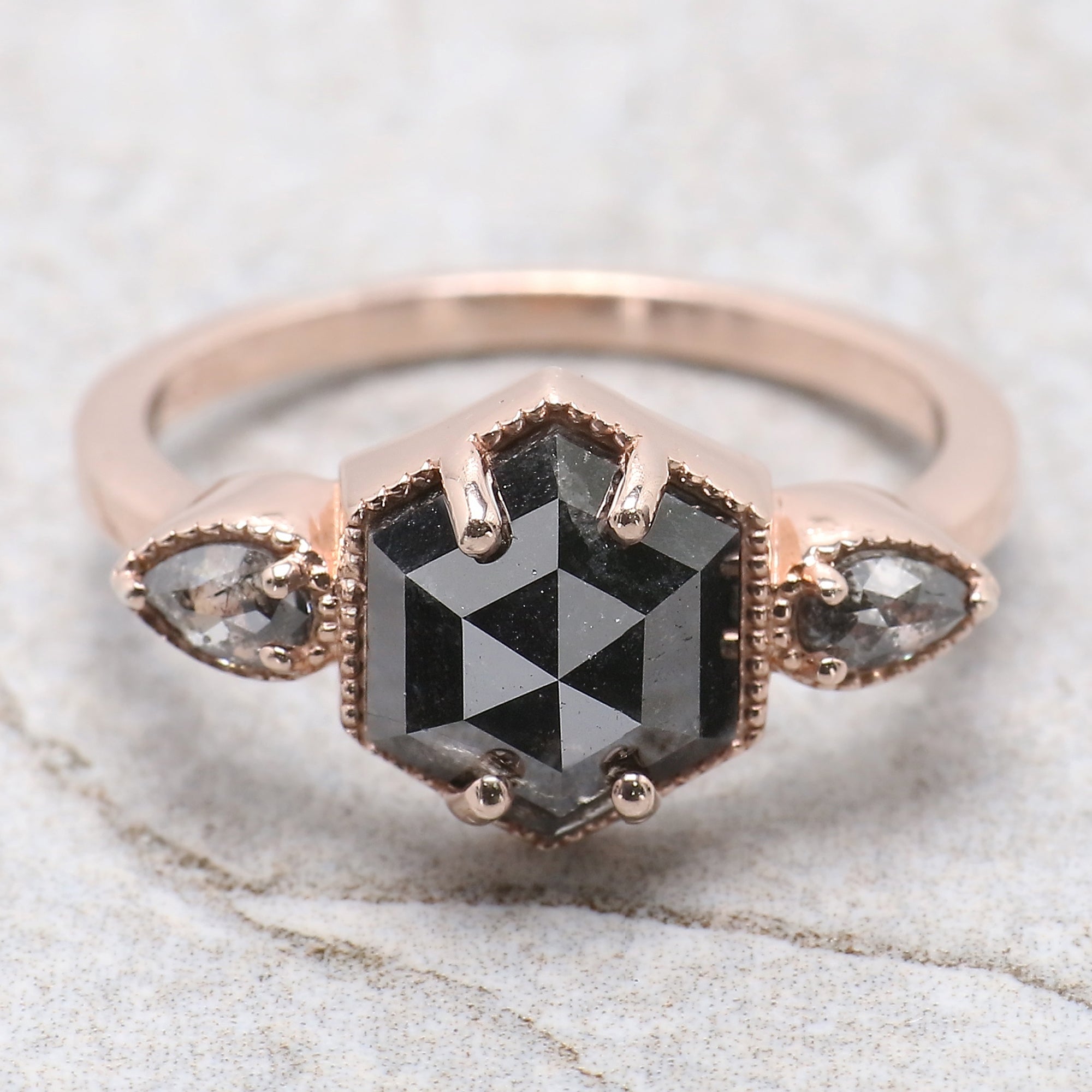 2.45 Ct Natural Hexagon Salt And Pepper Diamond Ring 9.25 MM Hexagon Shape Diamond Ring 14K Solid Rose Gold Silver Engagement Ring QL1092