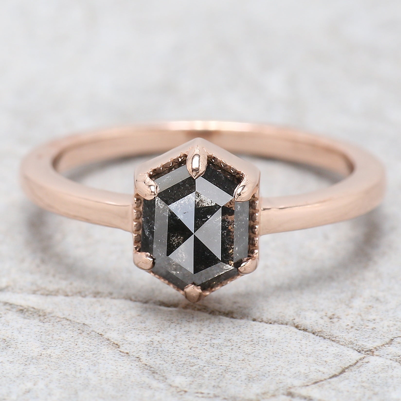 Hexagon Cut Salt And Pepper Diamond Ring 1.43 Ct 7.65 MM Hexagon Diamond Ring 14K Solid Rose Gold Silver Engagement Ring Gift For Her QL2704