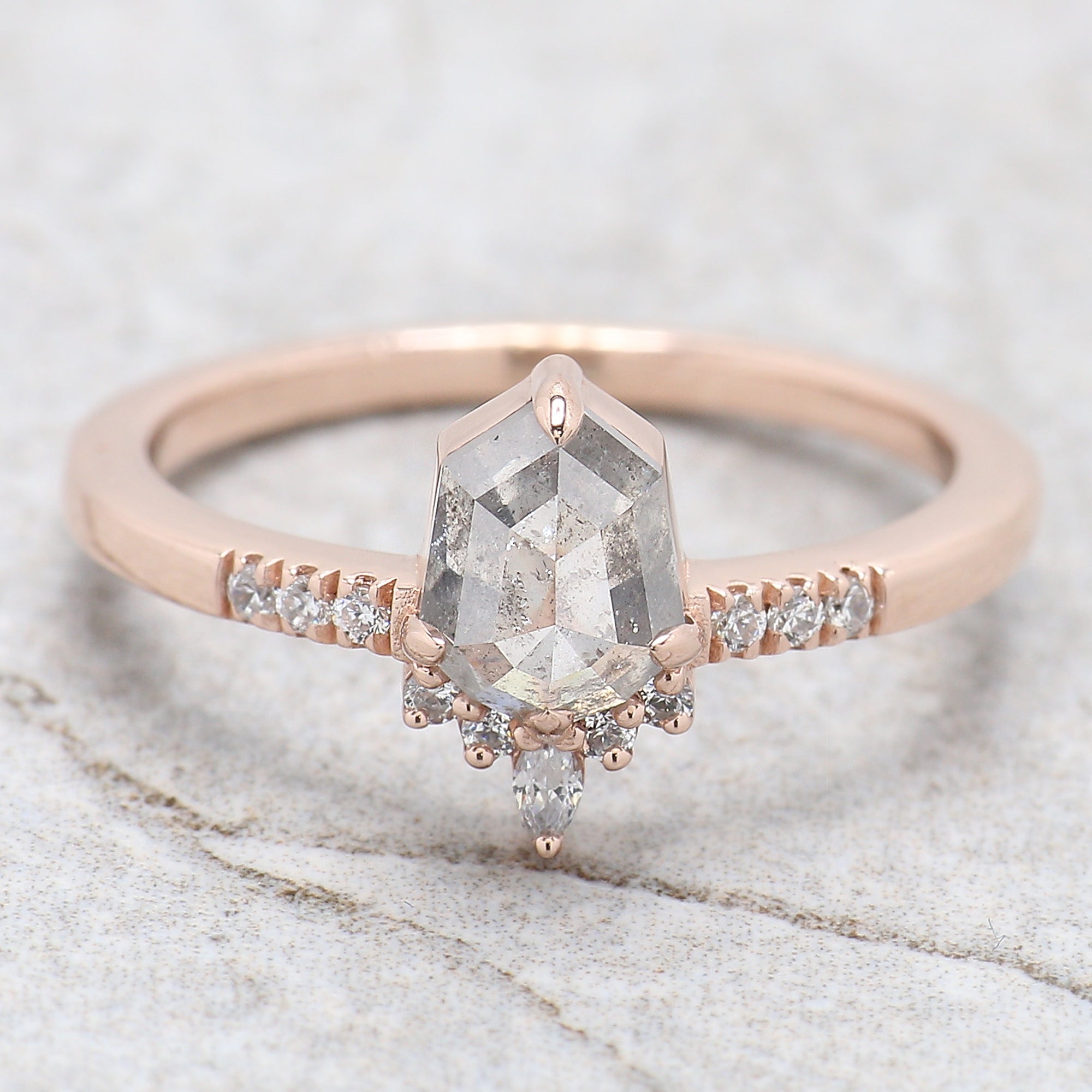 Shield Cut Salt And Pepper Diamond Ring 1.12 Ct 7.08 MM Shield Diamond Ring 14K Solid Rose Gold Silver Engagement Ring Gift For Her QL2570