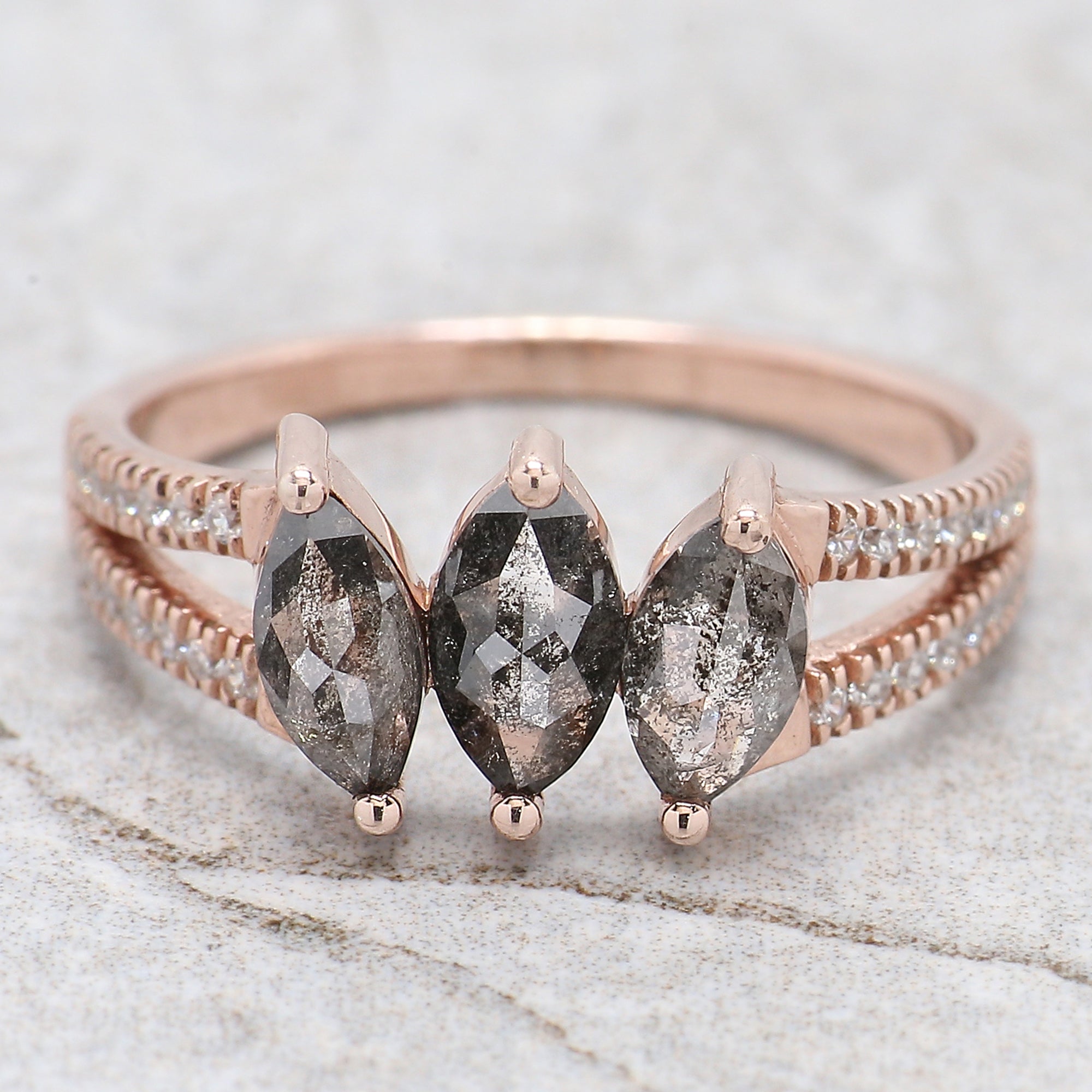 Marquise Cut Salt And Pepper Diamond Ring 0.97 Ct 6.76 MM Marquise Diamond Ring 14K Rose Gold Silver Engagement Ring Gift For Her QL2559
