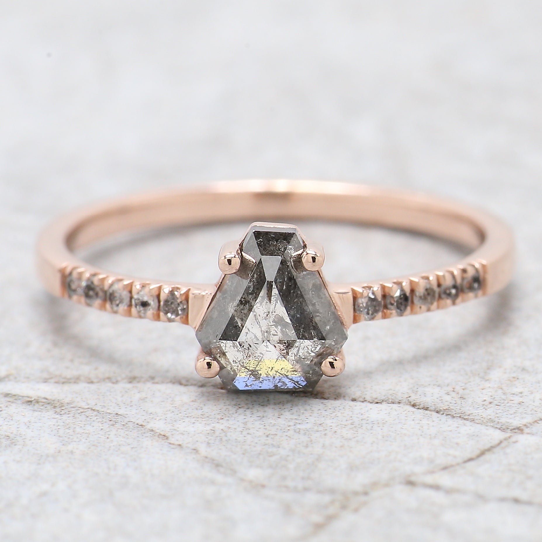 Coffin Cut Salt And Pepper Diamond Ring 0.87 Ct 6.40 MM Coffin Diamond Ring 14K Solid Rose Gold Silver Engagement Ring Gift For Her QL7838