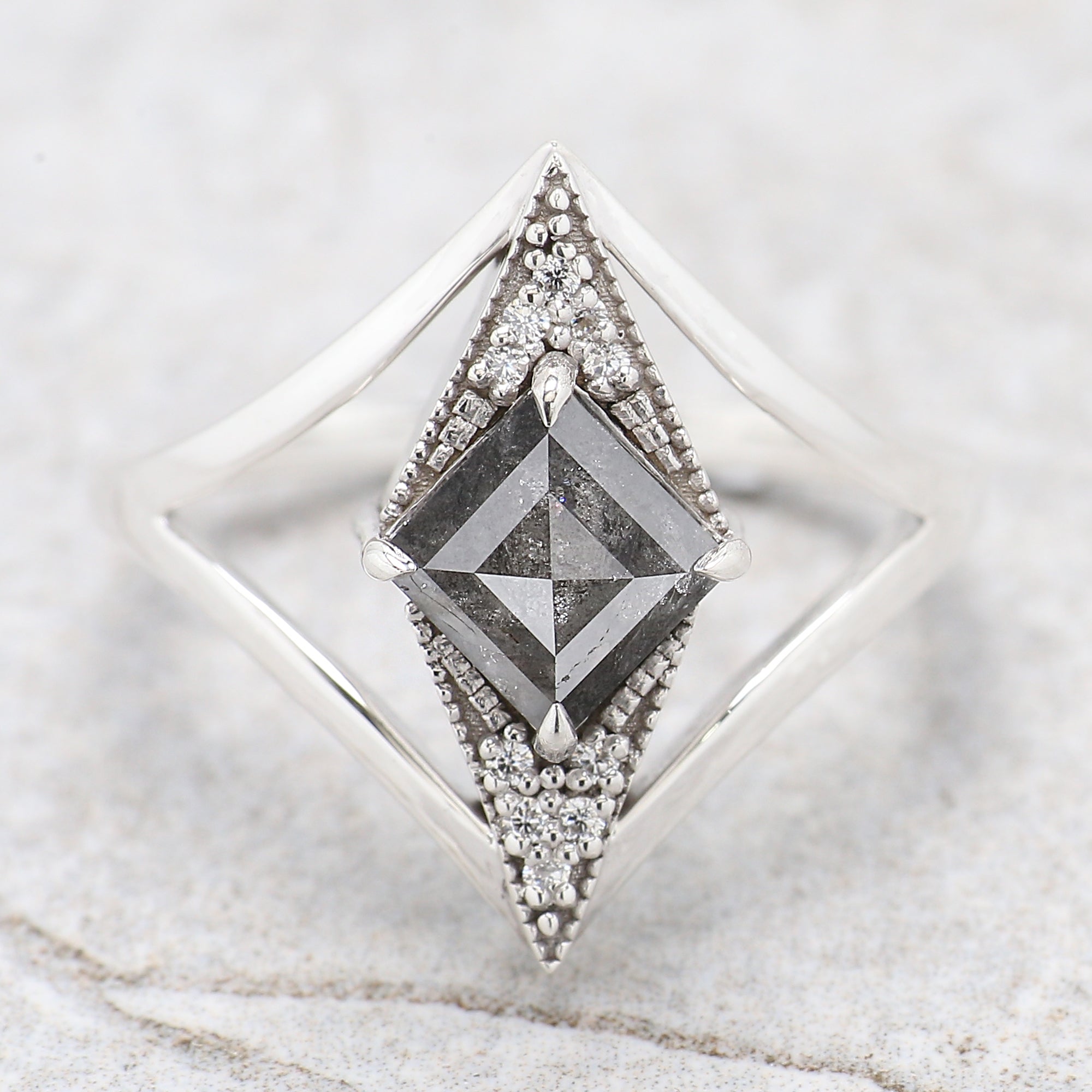 Kite Cut Salt And Pepper Diamond Ring 0.97 Ct 8.09 MM Kite Diamond Ring 14K Solid Rose Gold Silver Kite Engagement Ring Gift For Her QL2199