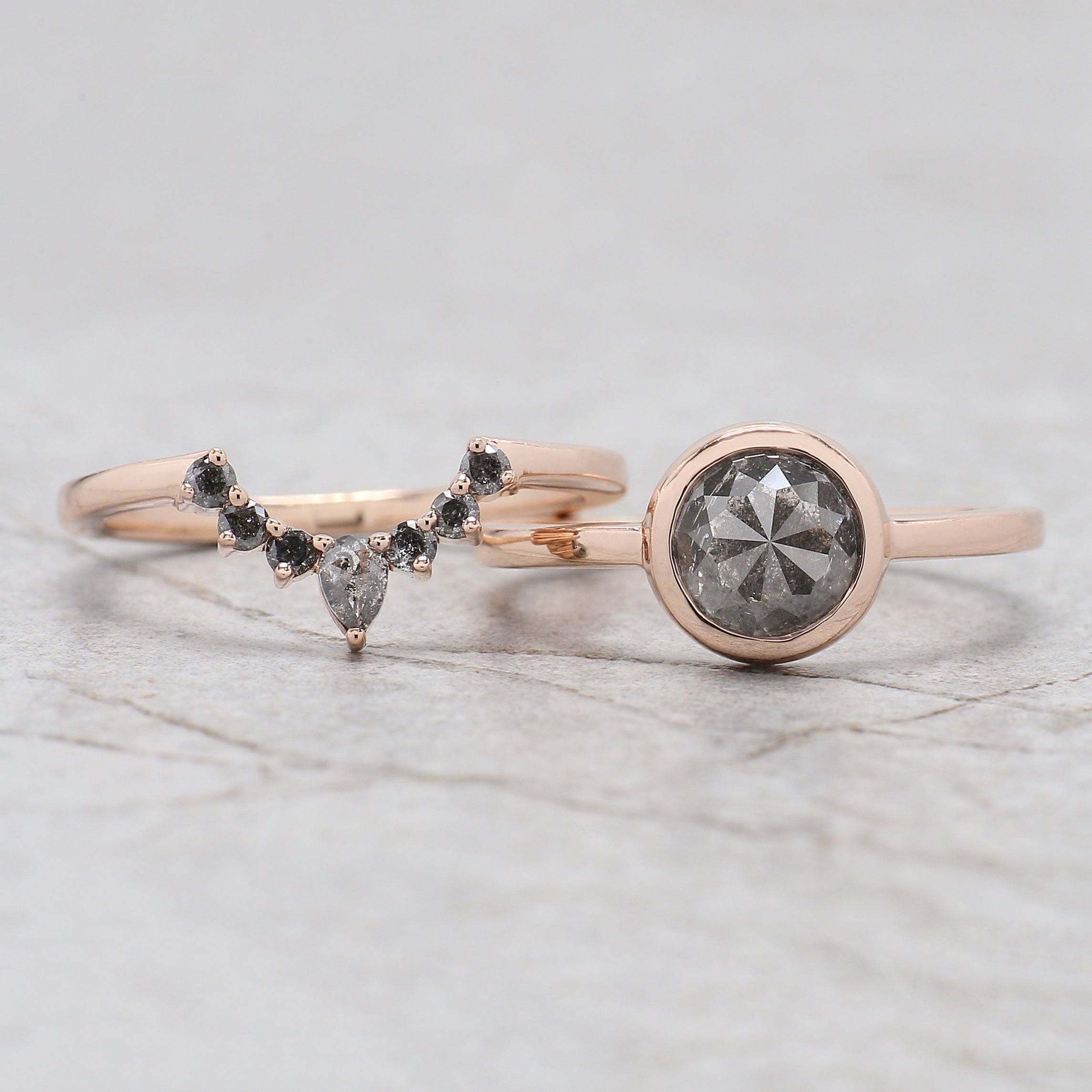 Round Rose Cut Salt And Pepper Diamond Ring 1.54 Ct 6.73 MM Round Diamond Ring 14K Rose Gold Silver Engagement Ring Gift For Her QL1917