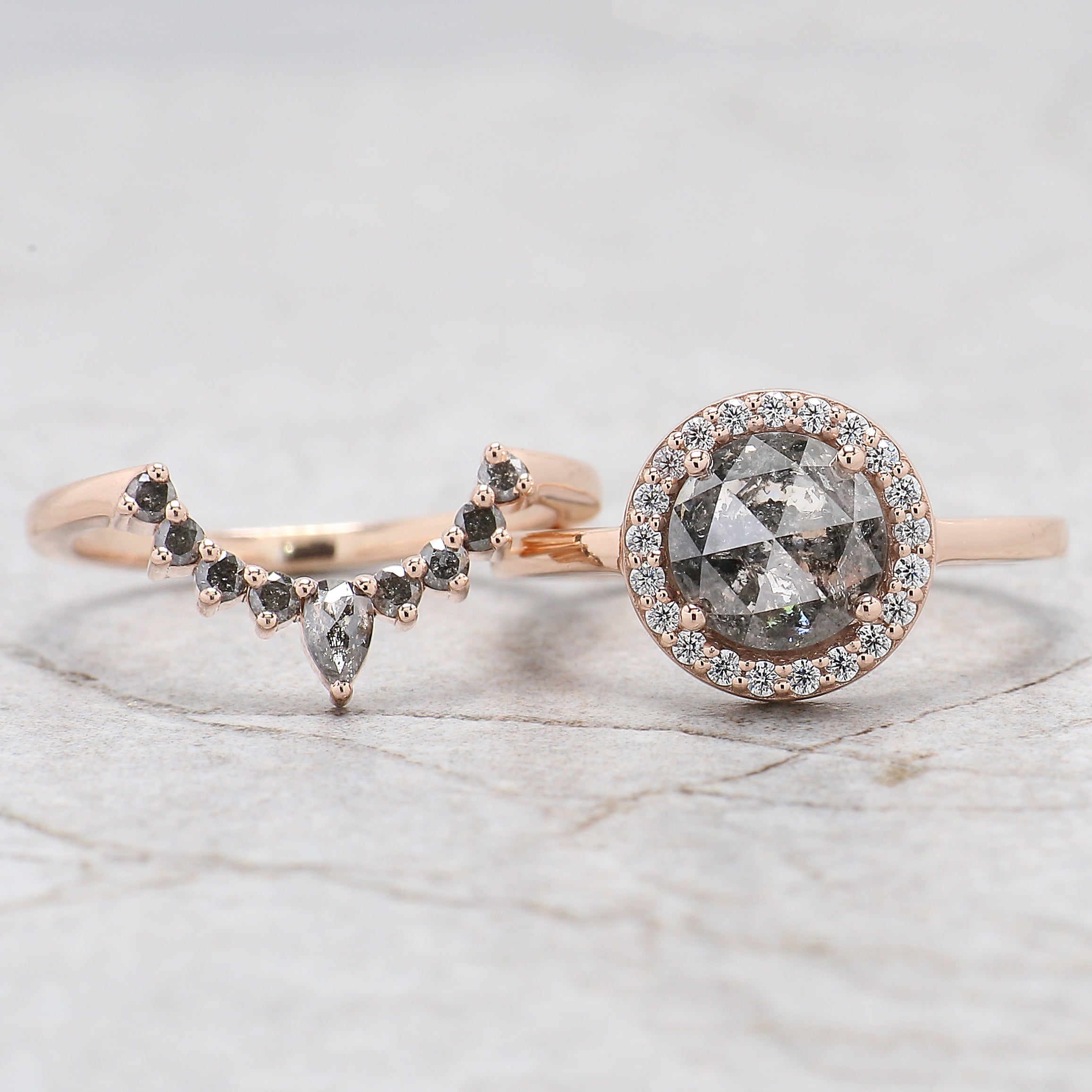 1.86 Ct Natural Round Rose Cut Salt And Pepper Diamond Ring 7.25 MM Round Diamond Ring 14K Solid Rose Gold Silver Engagement Ring QL2001