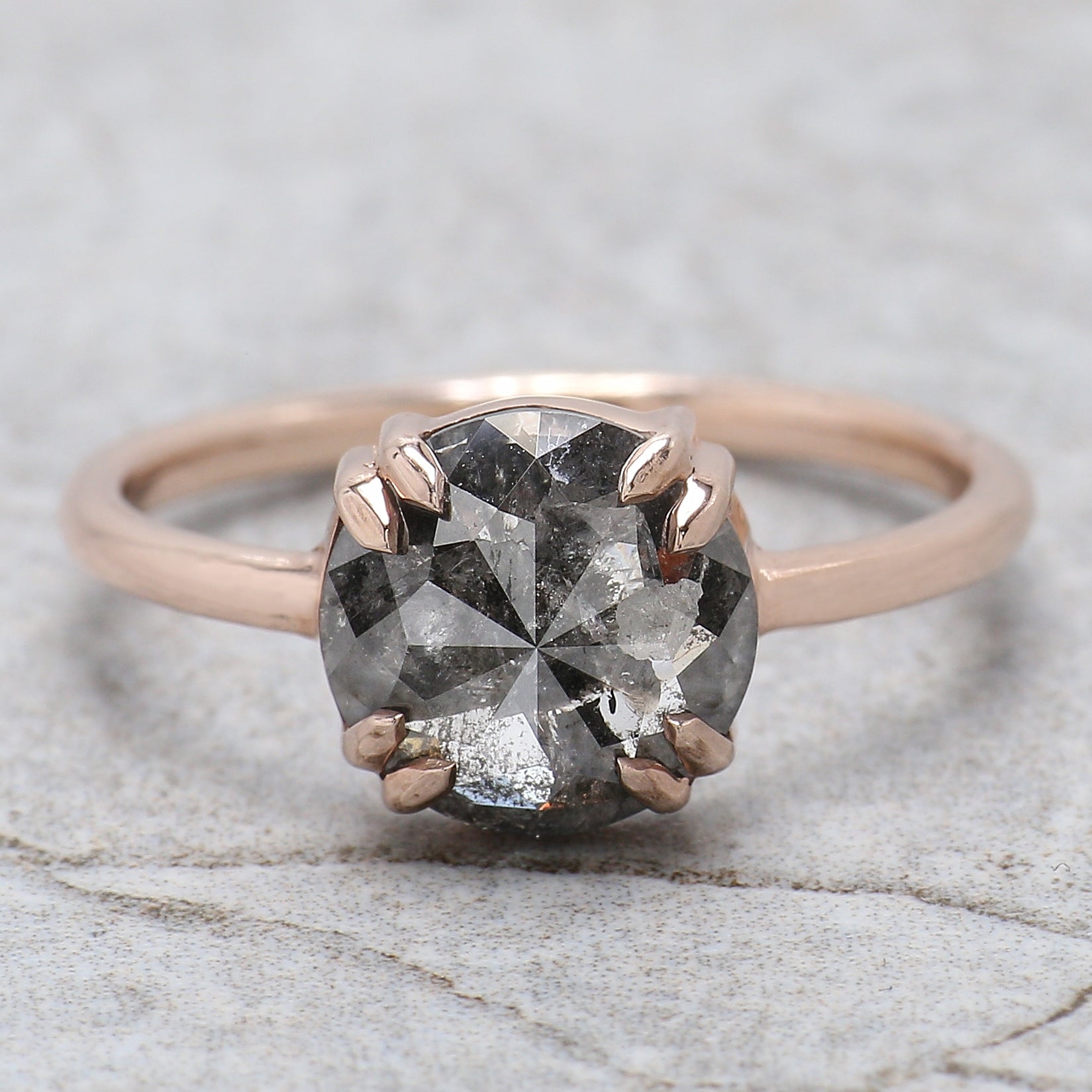 Round Rose Cut Salt And Pepper Diamond Ring 2.32 Ct 8.54 MM Round Diamond Ring 14K Rose Gold Silver Engagement Ring Gift For Her QL2435