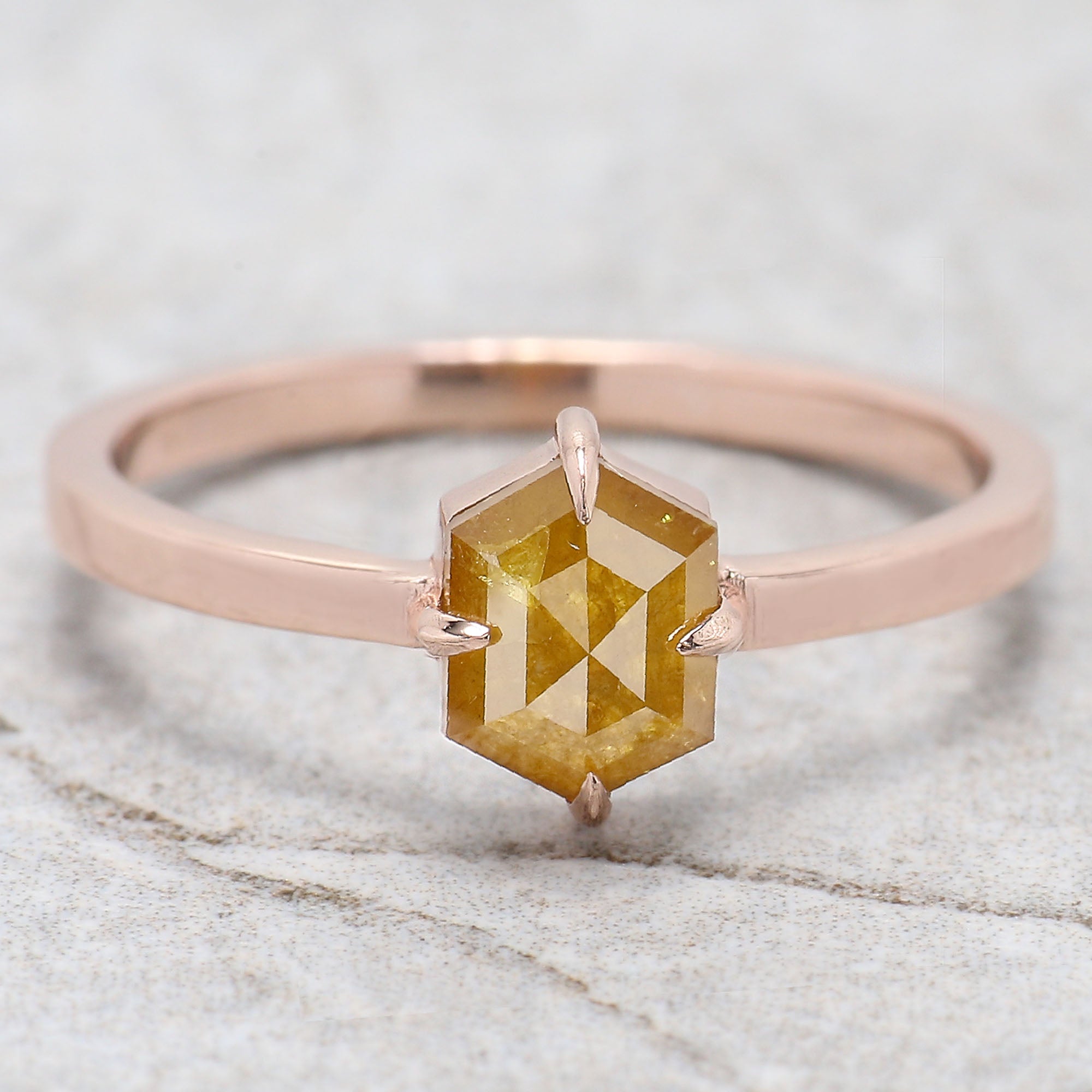 0.90 Ct Natural Hexagon Cut Yellow Color Diamond Ring 6.75 MM Hexagon Shape Diamond Ring 14K Solid Rose Gold Silver Engagement Ring QL9858
