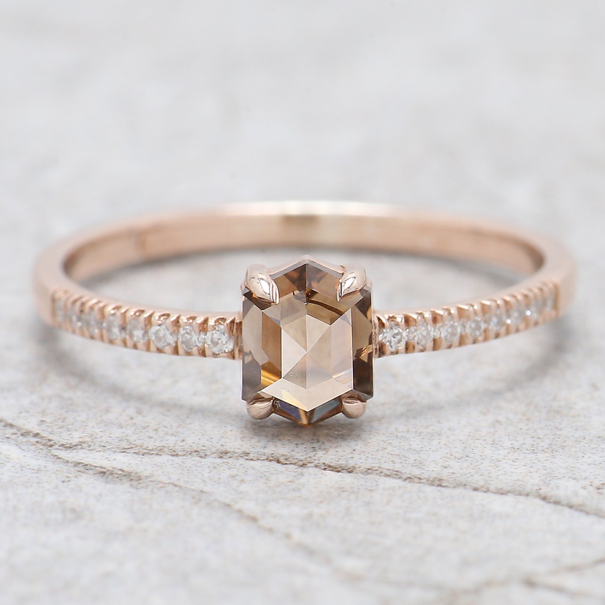 Hexagon Cut Brown Color Diamond Ring 0.67 Ct 5.70 MM Hexagon Shape Diamond Ring 14K Rose Gold Silver Engagement Ring Gift For Her QL658