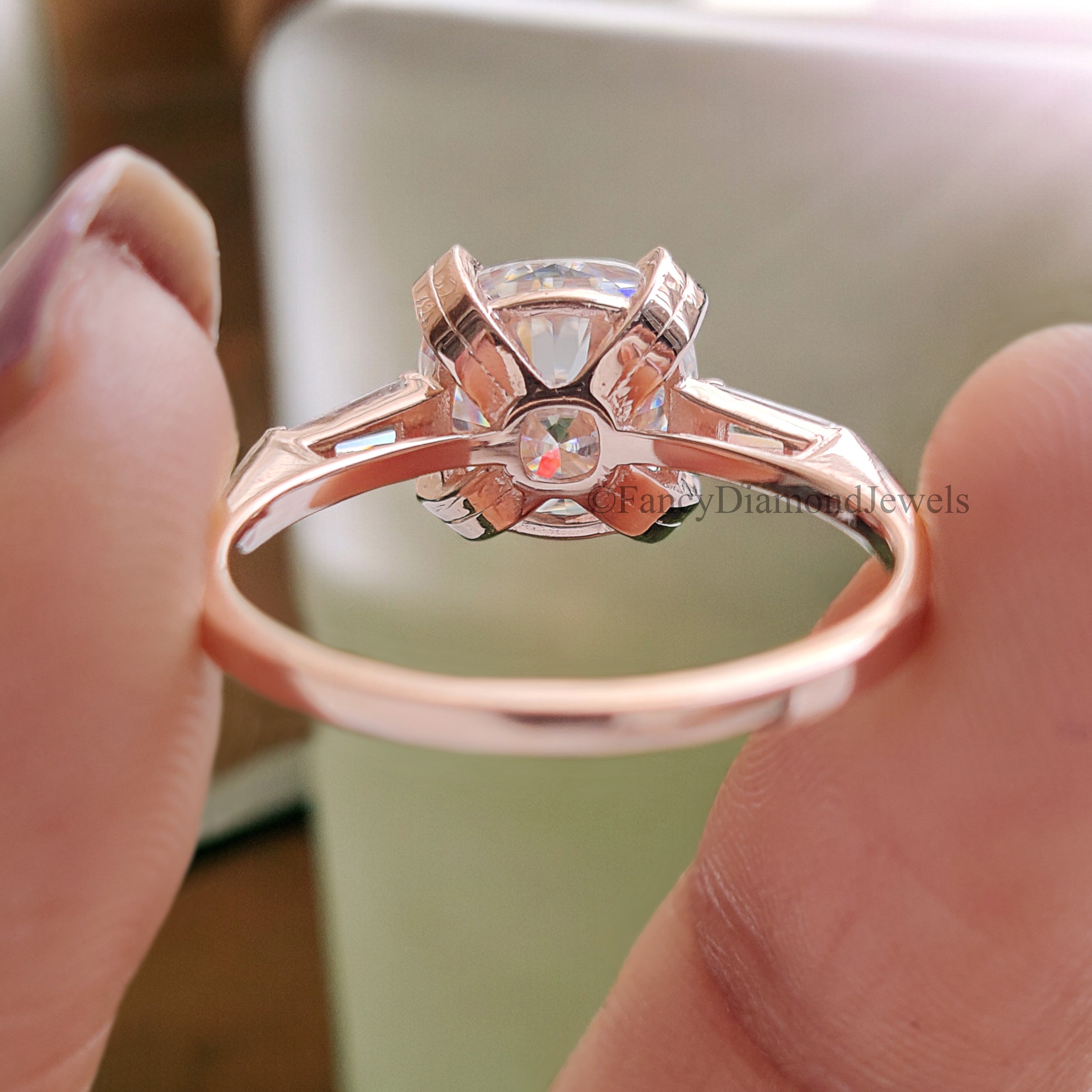 2.30 TW Cushion Cut Colorless Moissanite Ring Side Baguette Three Stone Engagement Ring Wedding Ring Gift For Her Celebrity Style Ring FD202