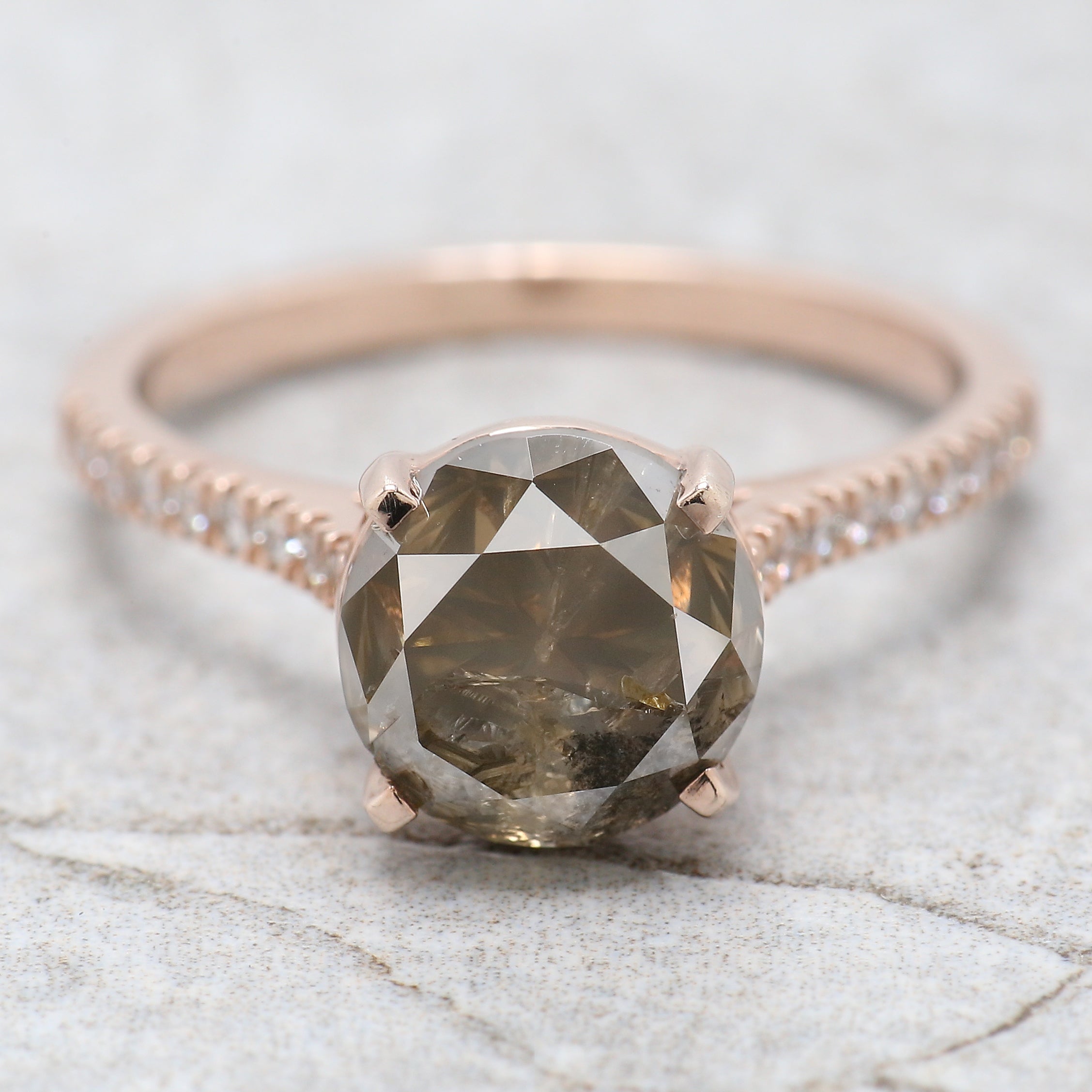 Round Cut Salt And Pepper Diamond Ring 2.84 Ct 8.15 MM Round Diamond Ring 14K Solid Rose Gold Silver Engagement Ring Gift For Her QL8876