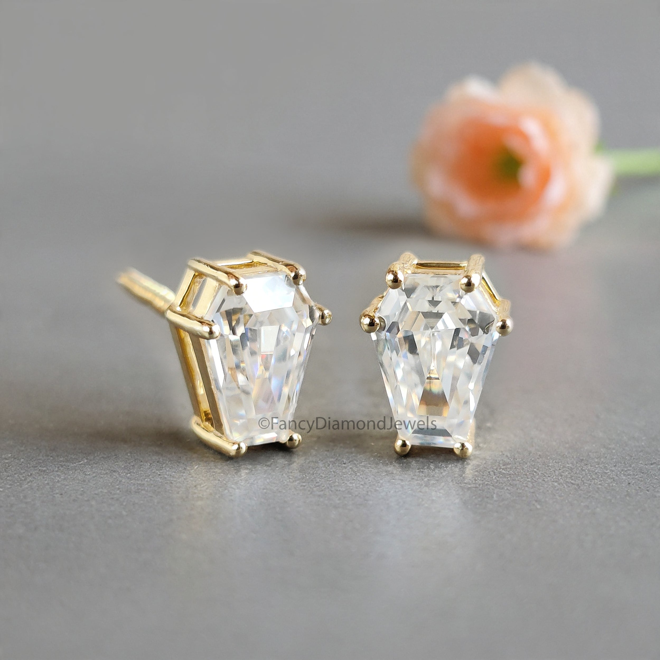 Coffin Cut Moissanite Earrings, Coffin Diamond Earrings, Coffin Diamond Stud Earrings, Moissanite Screw Back Earrings, Gift for Her FD59