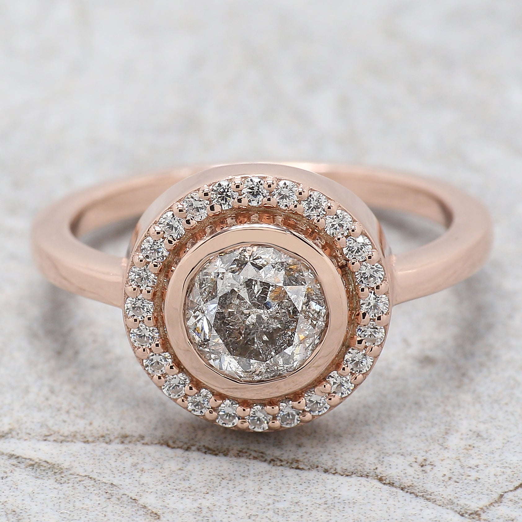 Round Cut Salt And Pepper Diamond Ring 1.11 Ct 6.14 MM Round Diamond Ring 14K Solid Rose Gold Silver Engagement Ring Gift For Her QL2606