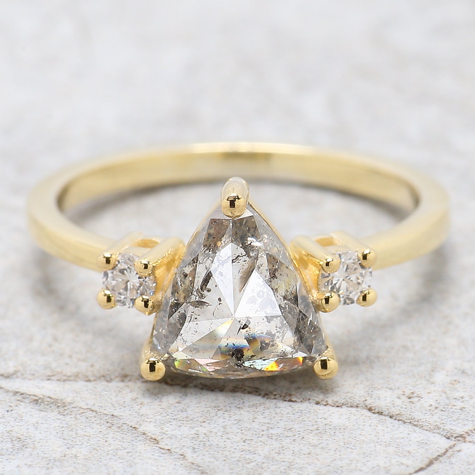 Triangle Cut Salt And Pepper Diamond Ring 2.09 Ct 8.51 MM Triangle Diamond Ring 14K Solid Yellow Gold Silver Engagement Ring Gift For Her QL2592