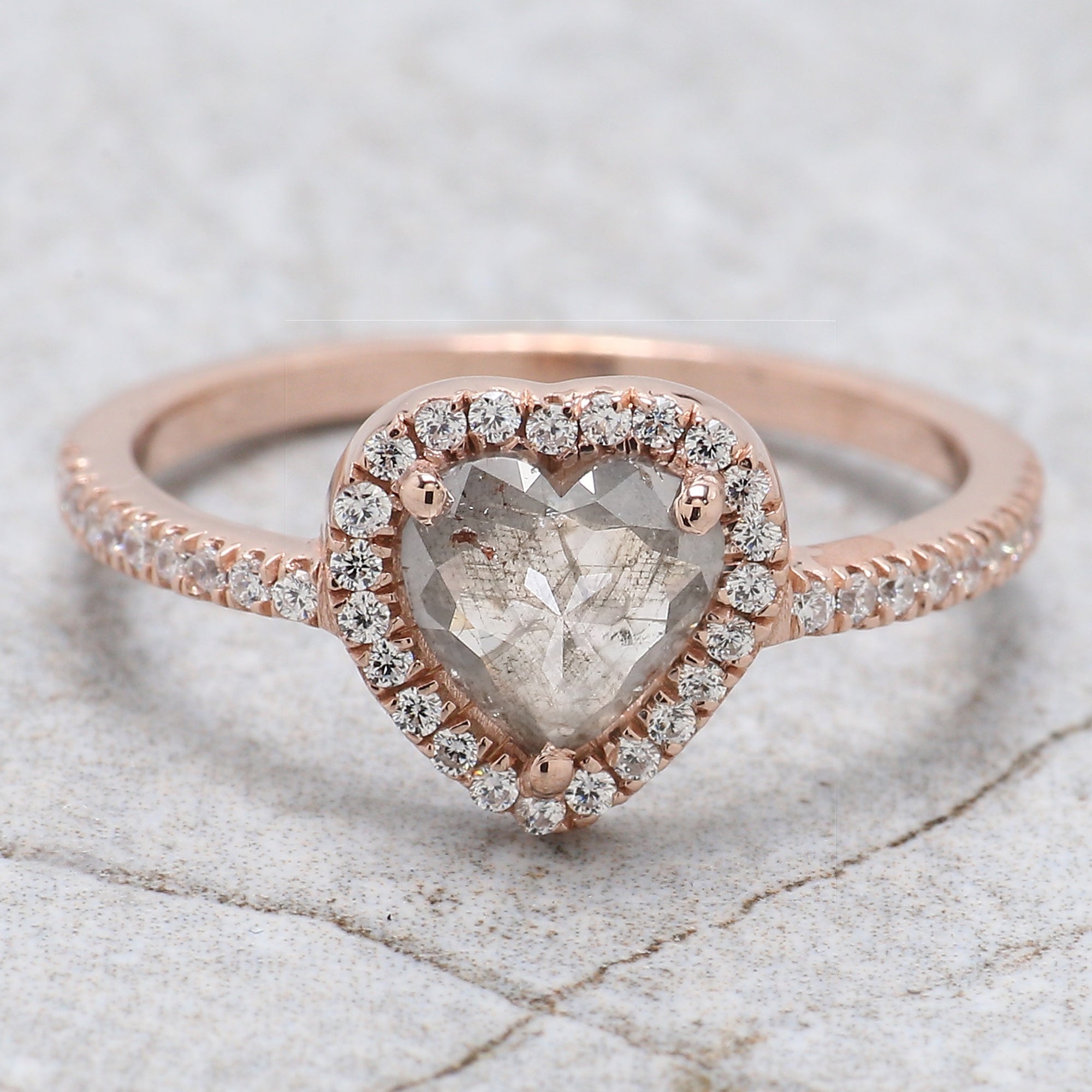 Heart Cut Salt And Pepper Diamond Ring 0.66 Ct 6.45 MM Heart Diamond Ring 14K Solid Rose Gold Silver Engagement Ring Gift For Her QL1623