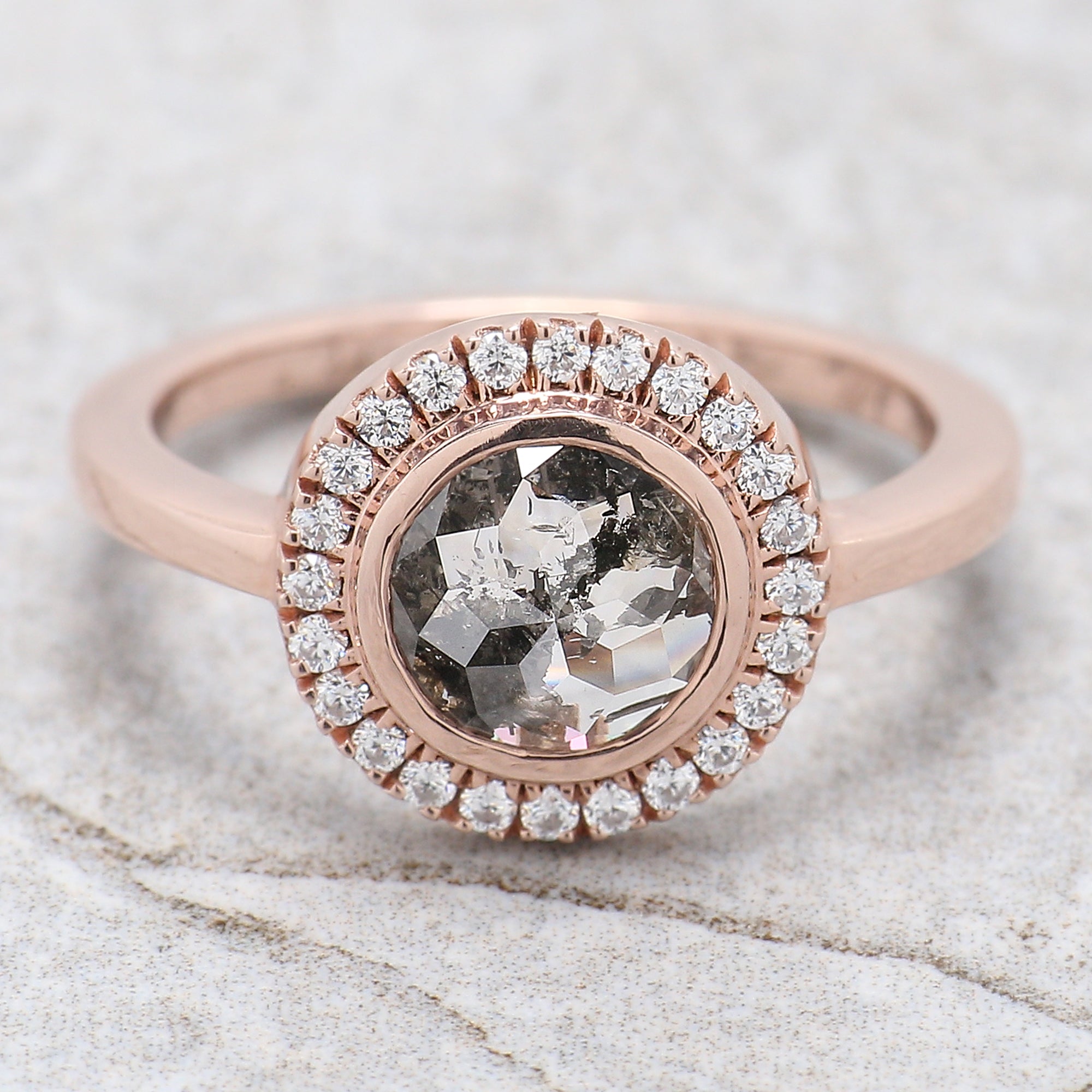 Round Rose Cut Salt And Pepper Diamond Ring 1.14 Ct 7.28 MM Round Diamond Ring 14K Rose Gold Silver Engagement Ring Gift For Her QL2590
