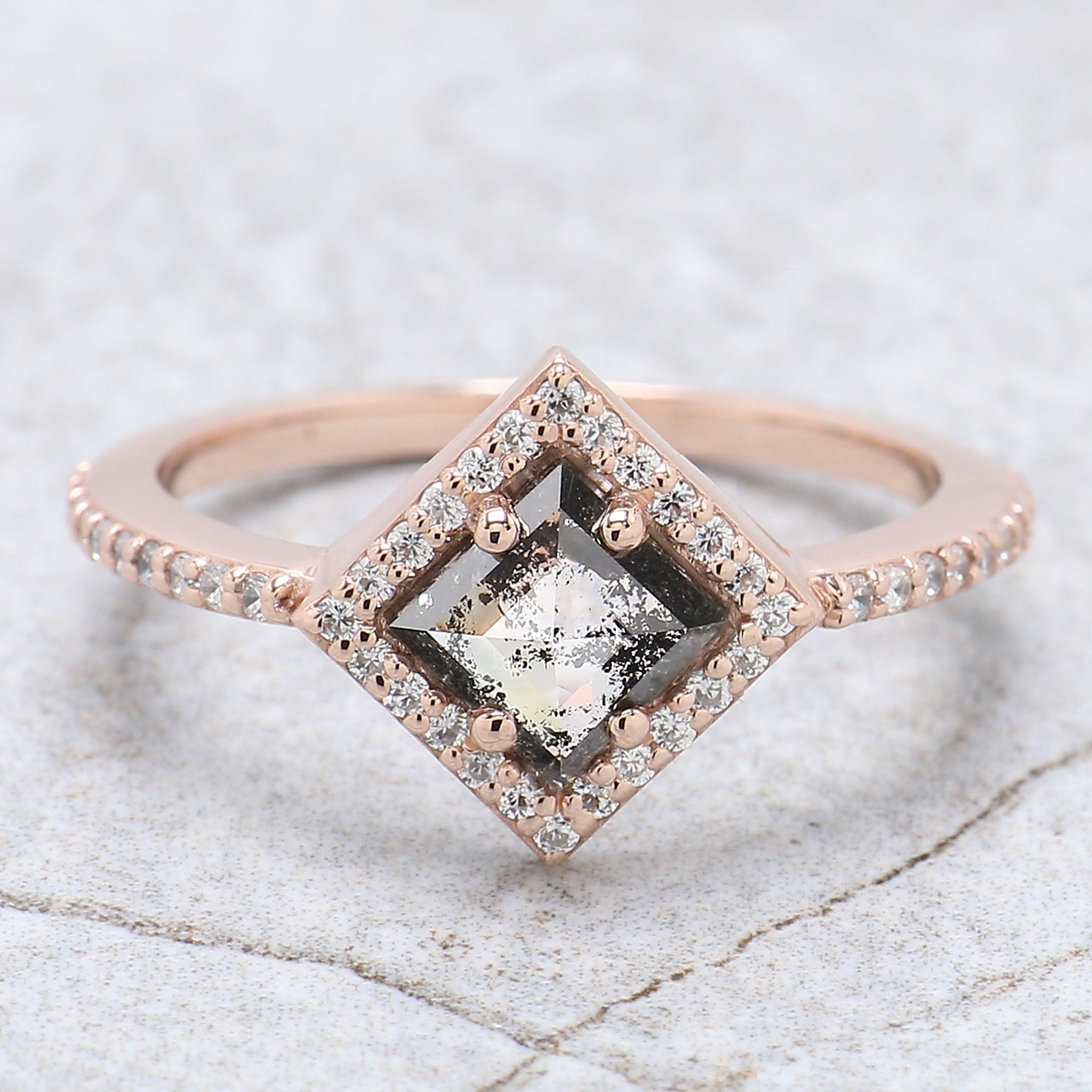 Kite Cut Salt And Pepper Diamond Ring 0.70 Ct 7.10 MM Kite Diamond Ring 14K Solid Rose Gold Silver Kite Engagement Ring Gift For Her QN930