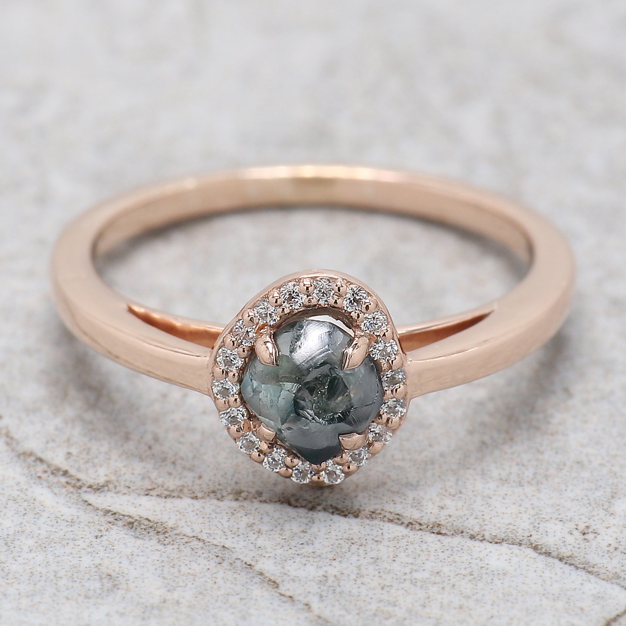 Rough Blue Color Diamond Ring 0.91 Ct 5.73 MM Crystal Rough Diamond Ring 14K Solid Rose Gold Silver Engagement Ring Gift For Her QL2239