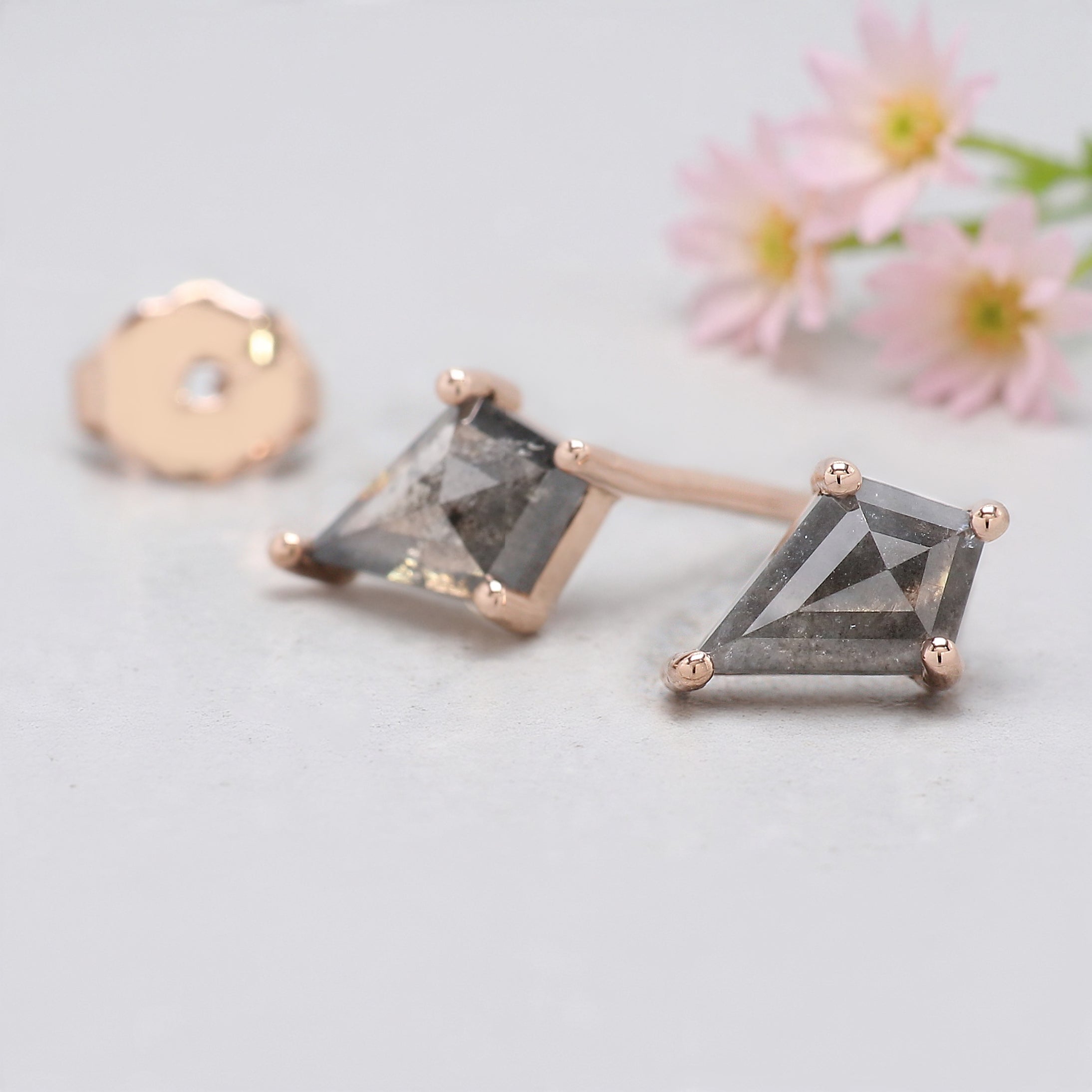 Kite Cut Salt And Pepper Diamond Earring 1.18 Ct 7.70 MM Kite Shape Diamond Earring 14K Solid Rose Gold Silver Earring Gift For Her KDL3438