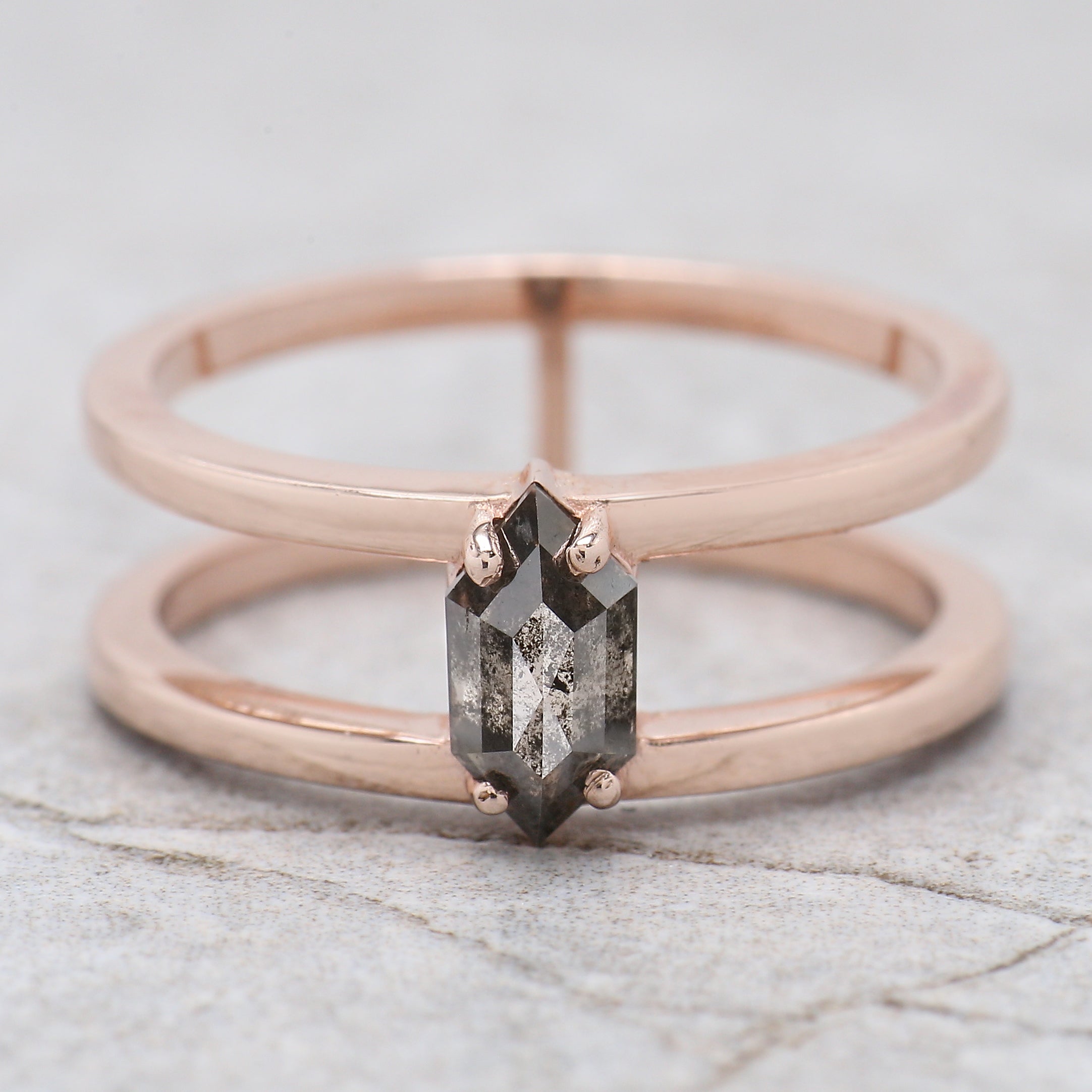 Hexagon Cut Salt And Pepper Diamond Ring 0.61 Ct 7.64 MM Hexagon Cut Diamond Ring 14K Rose Gold Silver Engagement Ring Gift For Her QL9458