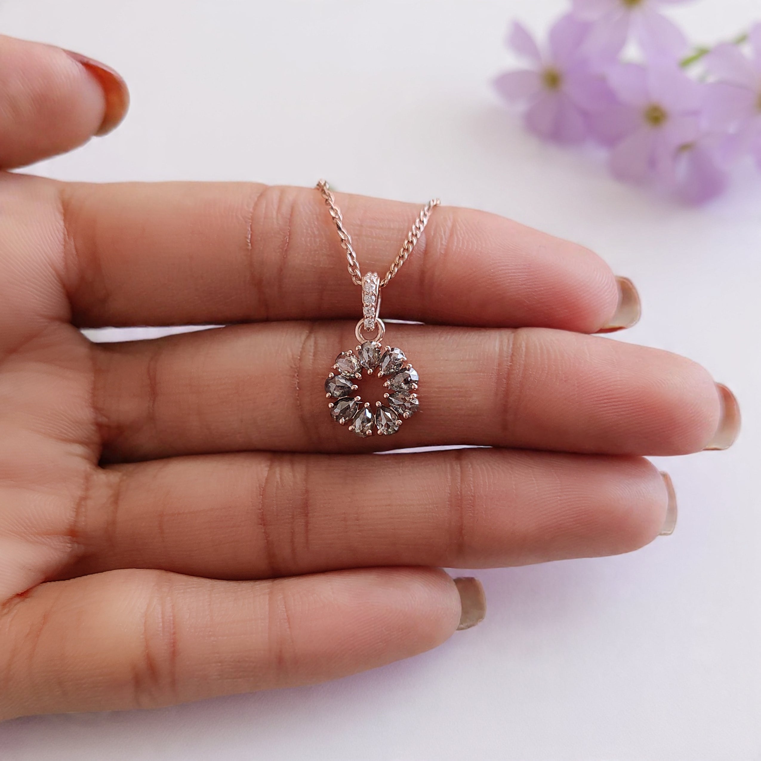 Pear Shape Salt and Pepper Diamond Pendant 0.49 Ct, 14K Solid Rose Gold Necklace, Rustic Diamond Engagement Pendant, Gift for Her KD1199