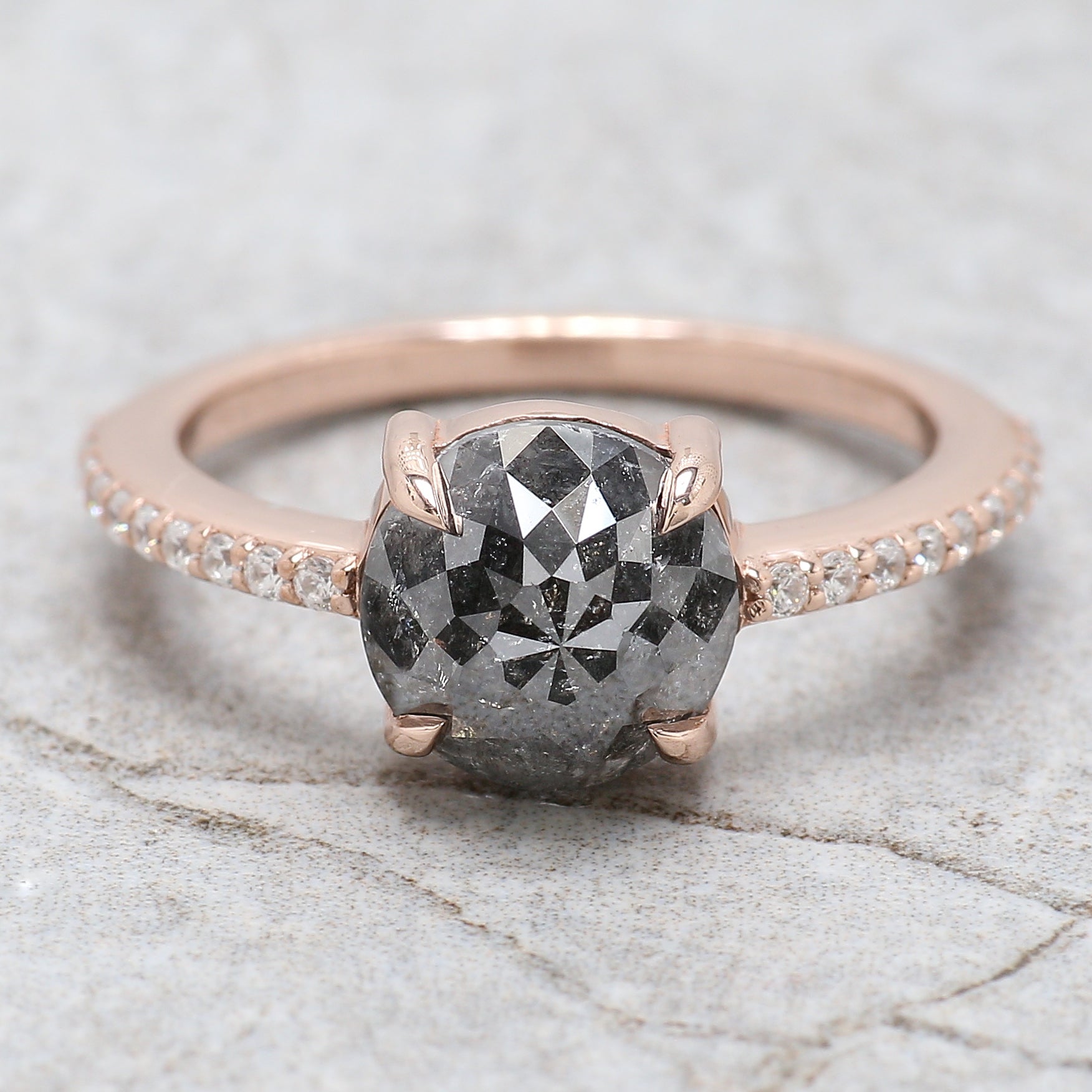 Round Rose Cut Salt And Pepper Diamond Ring 2.49 Ct 8.15 MM Round Diamond Ring 14K Rose Gold Silver Engagement Ring Gift For Her QL202