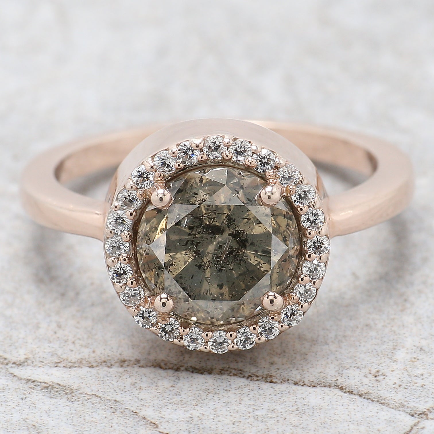 Round Cut Salt And Pepper Diamond Ring 2.43 Ct 8.20 MM Round Diamond Ring 14K Solid Rose Gold Silver Engagement Ring Gift For Her QL8553