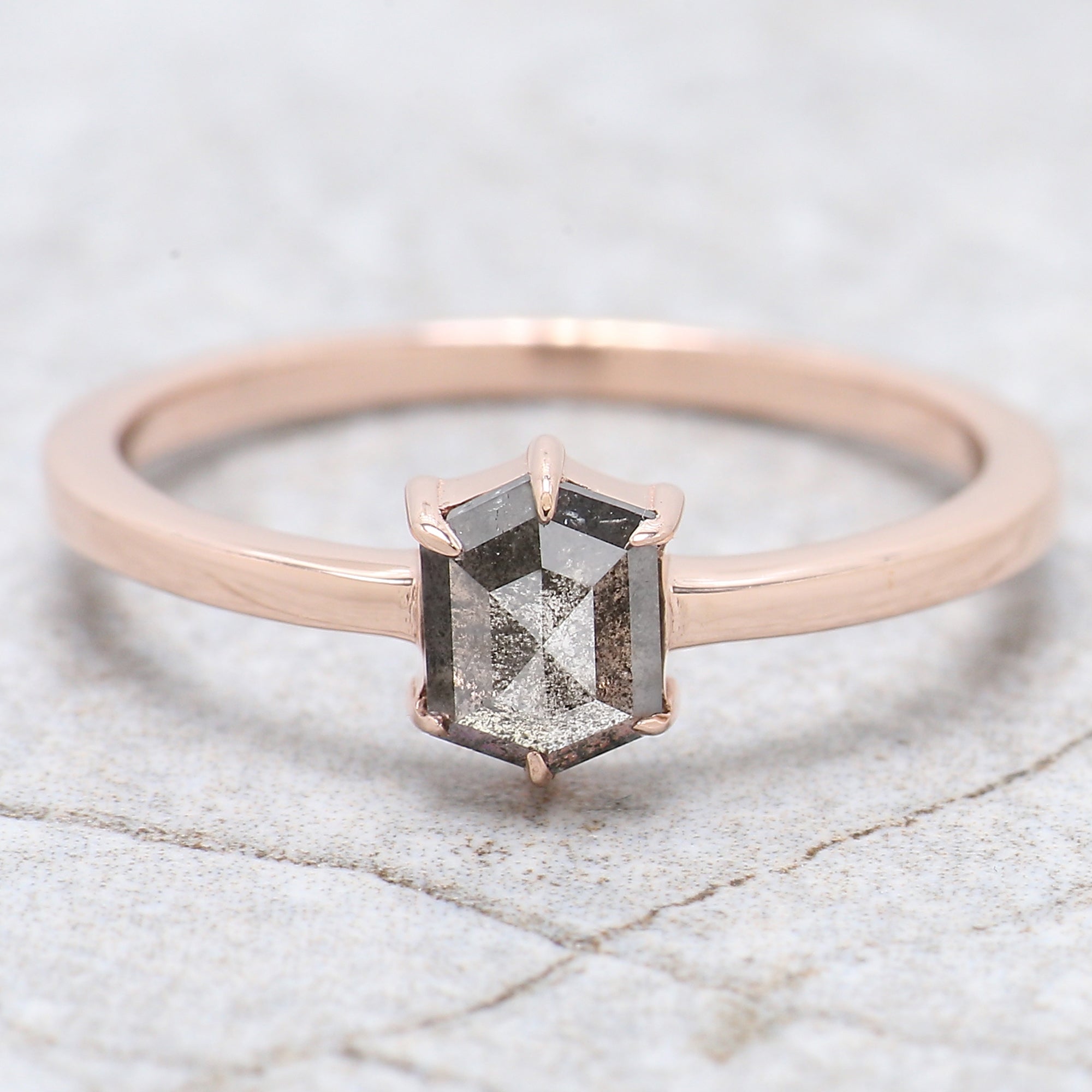 Hexagon Cut Salt And Pepper Diamond Ring 0.59 Ct 5.85 MM Hexagon Cut Diamond Ring 14K Rose Gold Silver Engagement Ring Gift For Her QL935