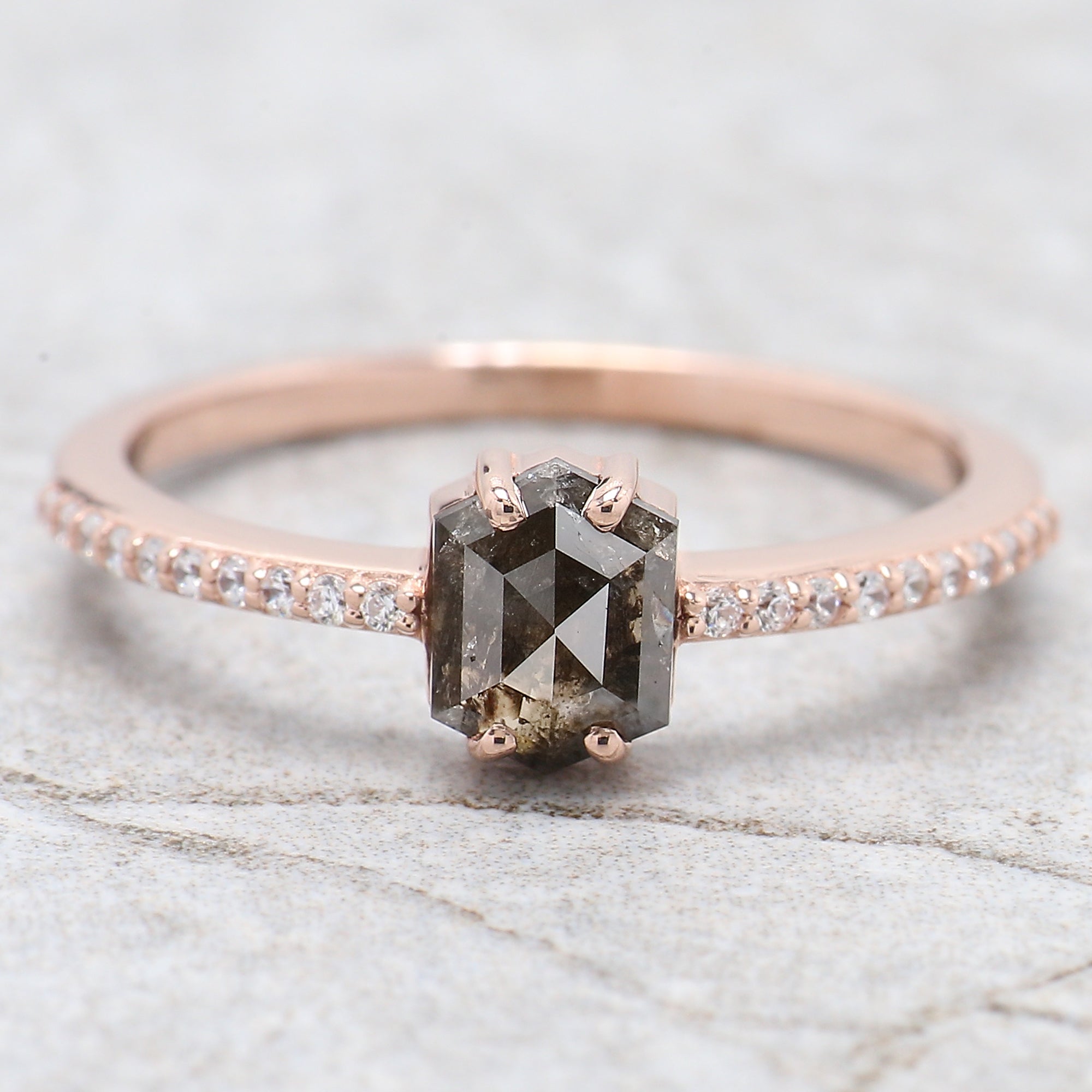 Hexagon Cut Salt And Pepper Diamond Ring 0.65 Ct 6.30 MM Hexagon Cut Diamond Ring 14K Rose Gold Silver Engagement Ring Gift For Her QK2330