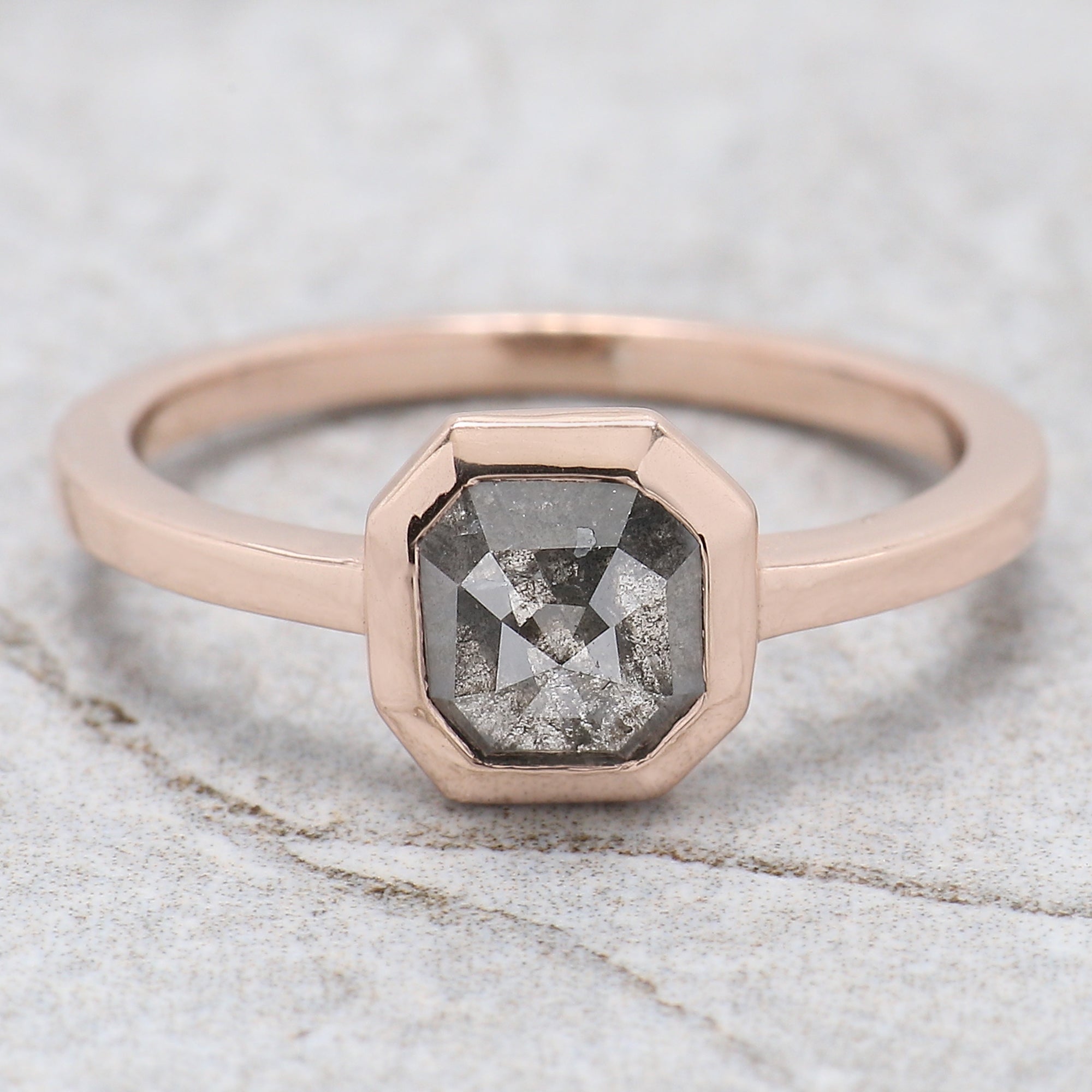 Emerald Cut Salt And Pepper Diamond Ring 1.08 Ct 6.50 MM Emerald Diamond Ring 14K Solid Rose Gold Silver Engagement Ring Gift For Her QL7004