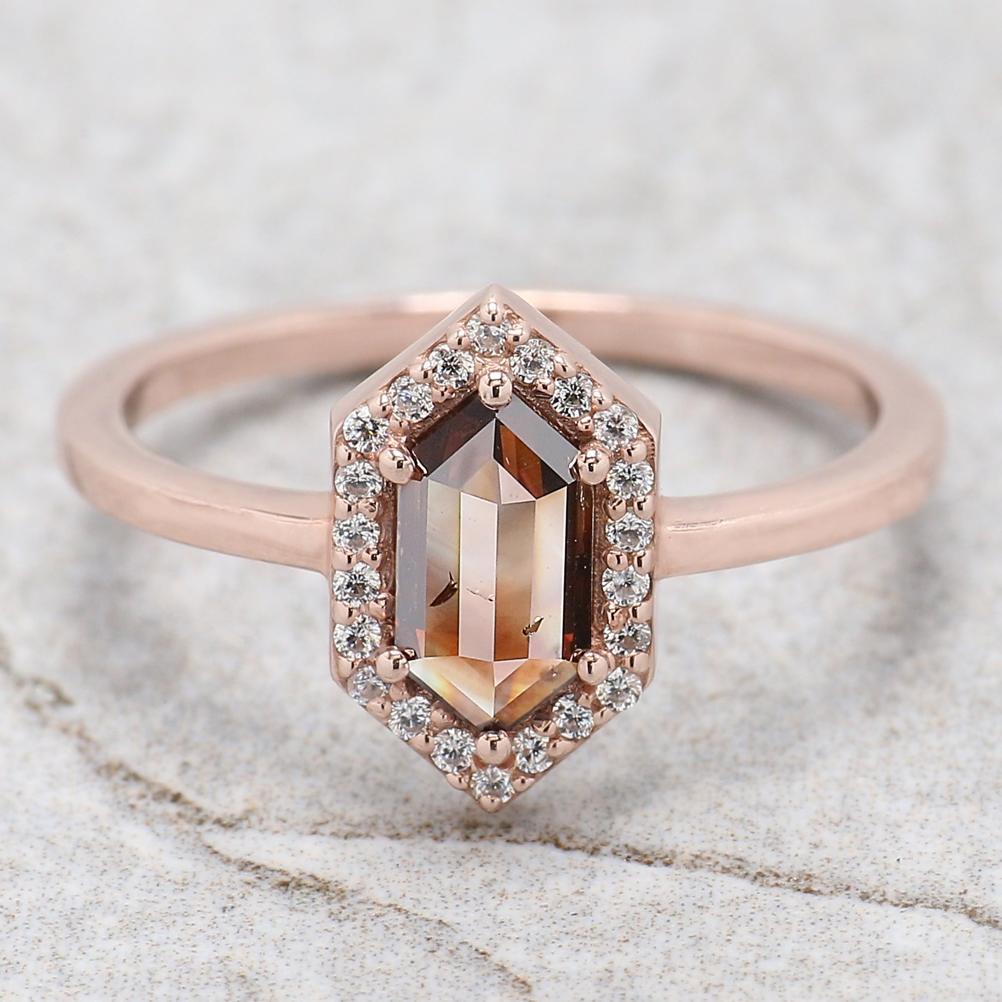 Hexagon Brown Color Diamond Ring 0.65 Ct 8.05 MM Hexagon Shape Diamond Ring 14K Solid Rose Gold Silver Engagement Ring Gift For Her QL1861