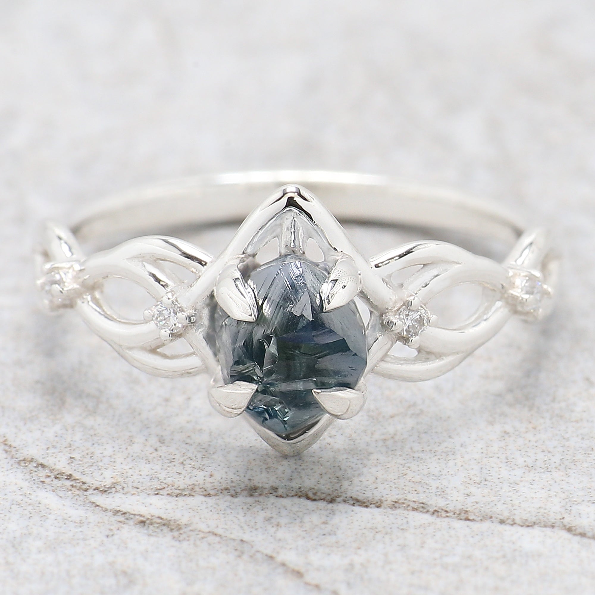 Rough Blue Color Diamond Ring 1.48 Ct 6.99 MM Crystal Rough Diamond Ring 14K Solid White Gold Silver Engagement Ring Gift For Her QL2357