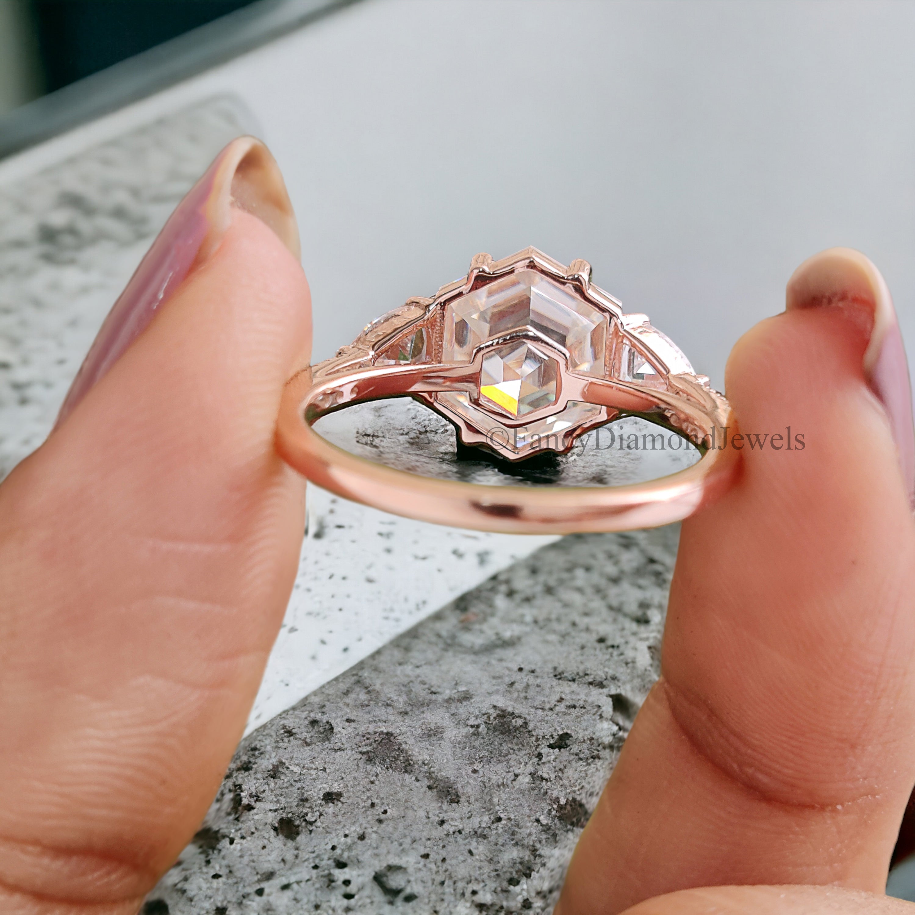 2.95 CT Antique Hexagon Moissanite Engagement Ring Triangle And Round Ring For Gifting Bridal Wedding Ring Anniversary Gift Ring Her FD175