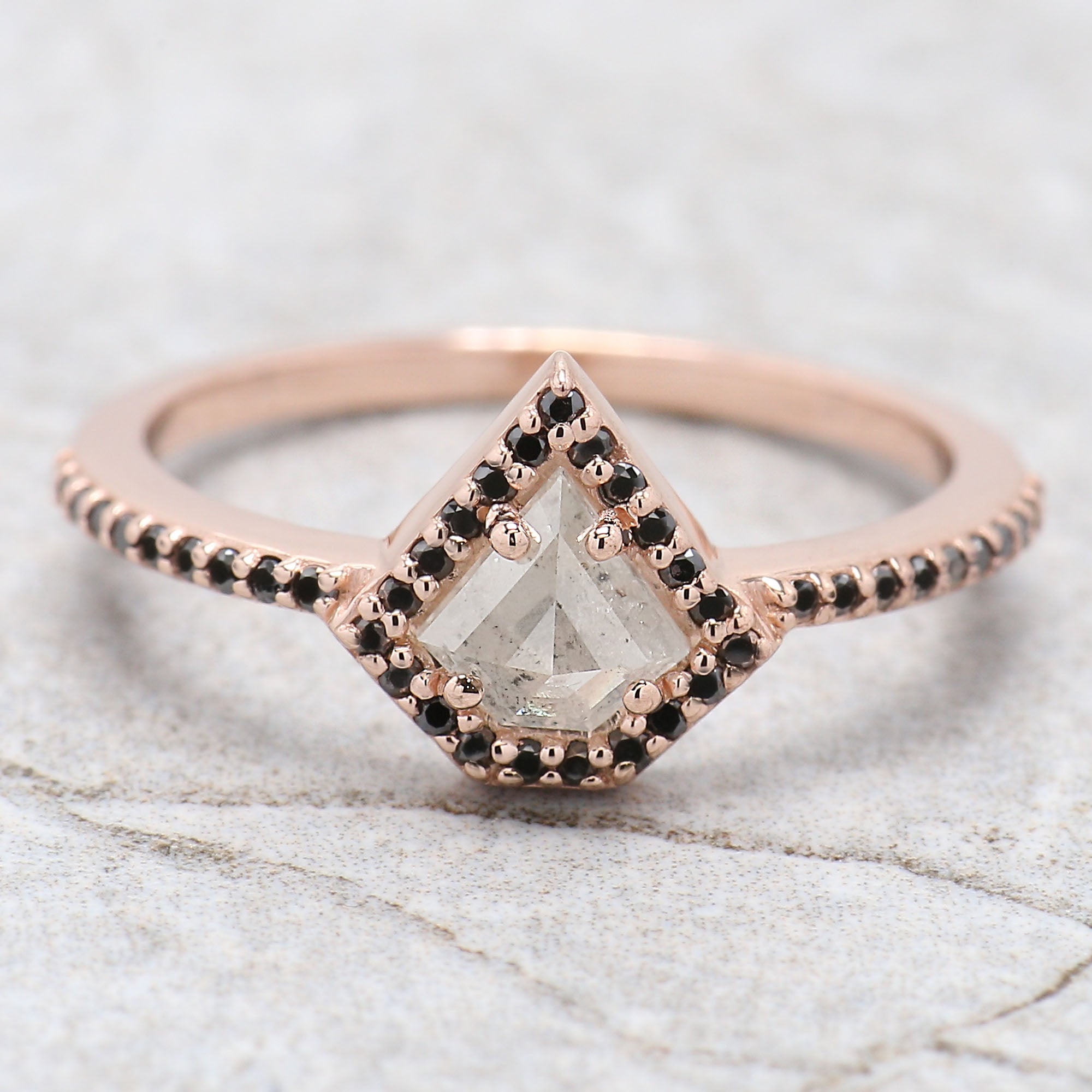 Shield Cut Salt And Pepper Diamond Ring 0.47 Ct 5.40 MM Shield Diamond Ring 14K Solid Rose Gold Silver Engagement Ring Gift For Her QL9683