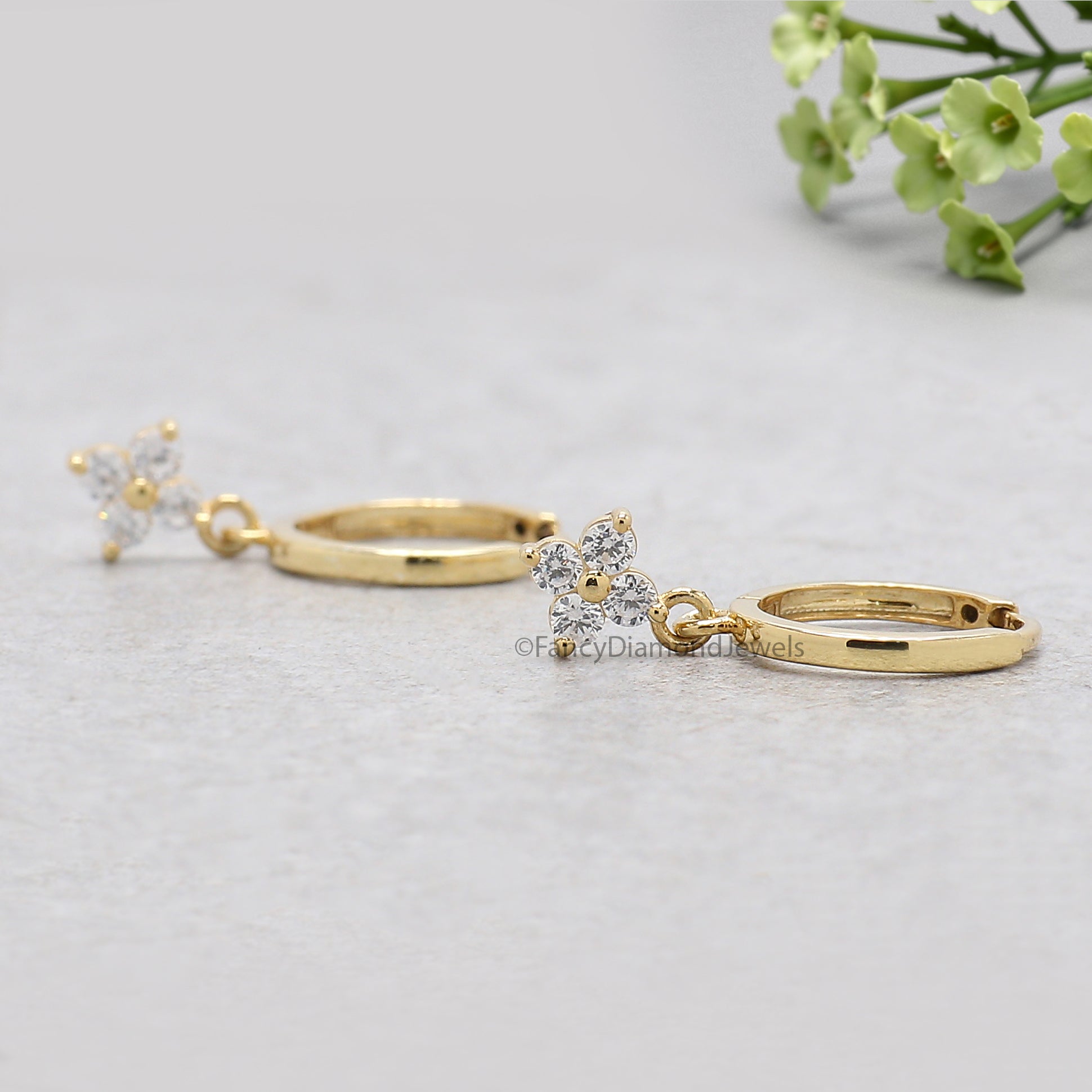 Round Diamond Flower Huggie Hoop Earrings, Minimalist Gold Dangle Earrings, Dainty Diamond Hoop, Bridesmaid Gift for Mom, Gift for Her FD551