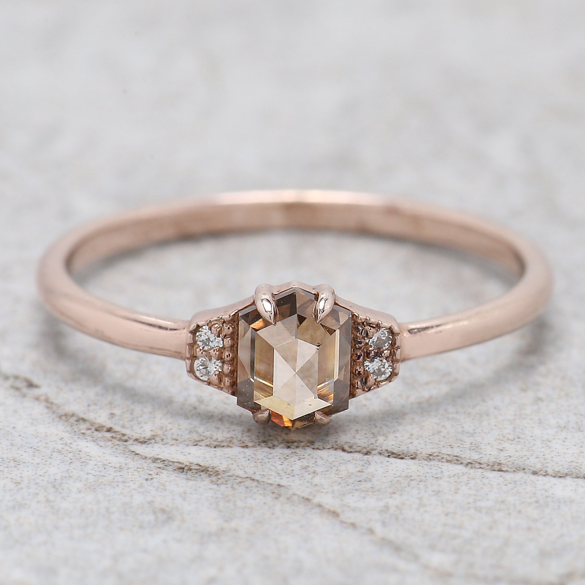 Hexagon Cut Brown Color Diamond Ring 0.51 Ct 5.20 MM Hexagon Diamond Ring 14K Solid Rose Gold Silver Engagement Ring Gift For Her QL655