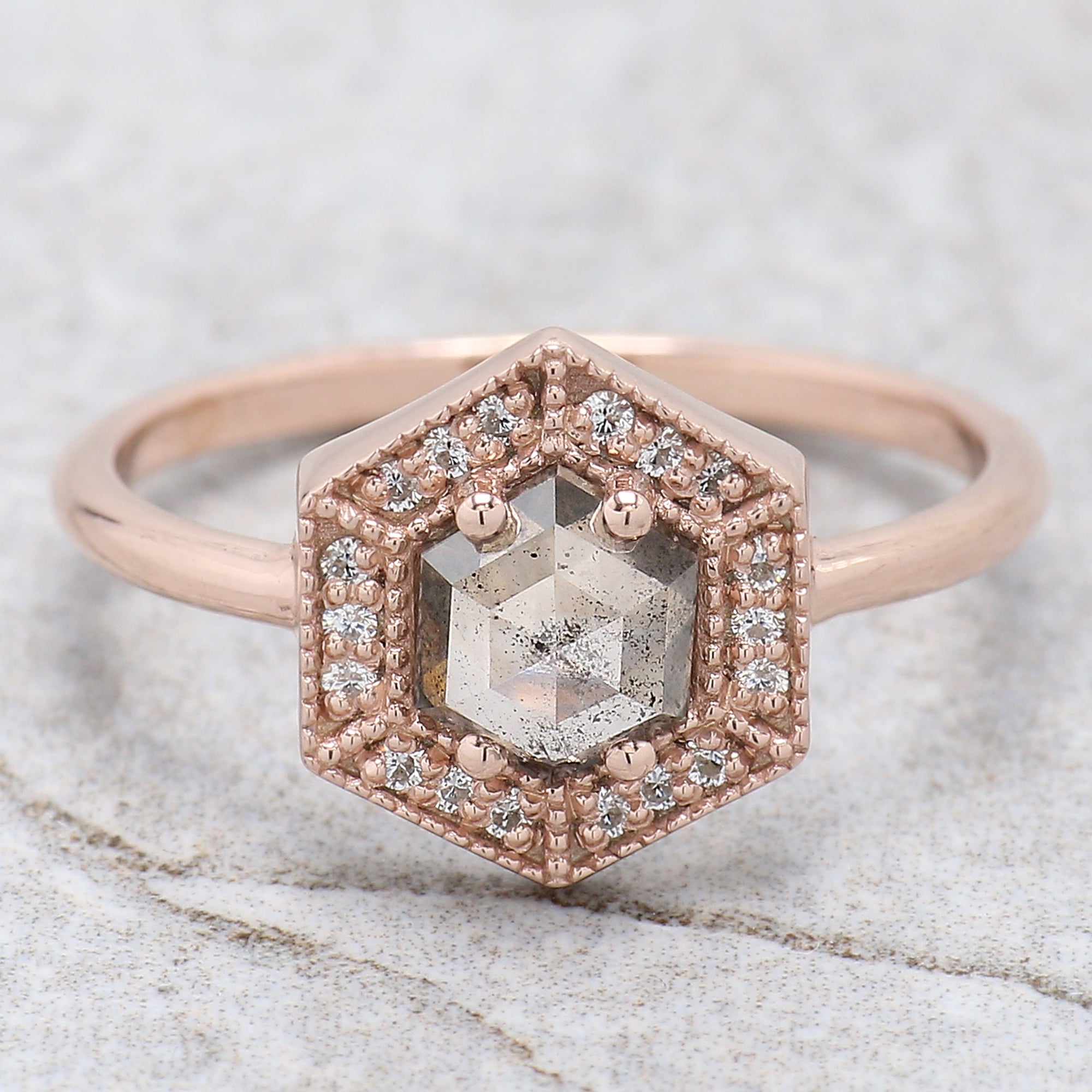 Hexagon Cut Salt And Pepper Diamond Ring 0.77 Ct 5.94 MM Hexagon Diamond Ring 14K Solid Rose Gold Silver Engagement Ring Gift For Her QL9543