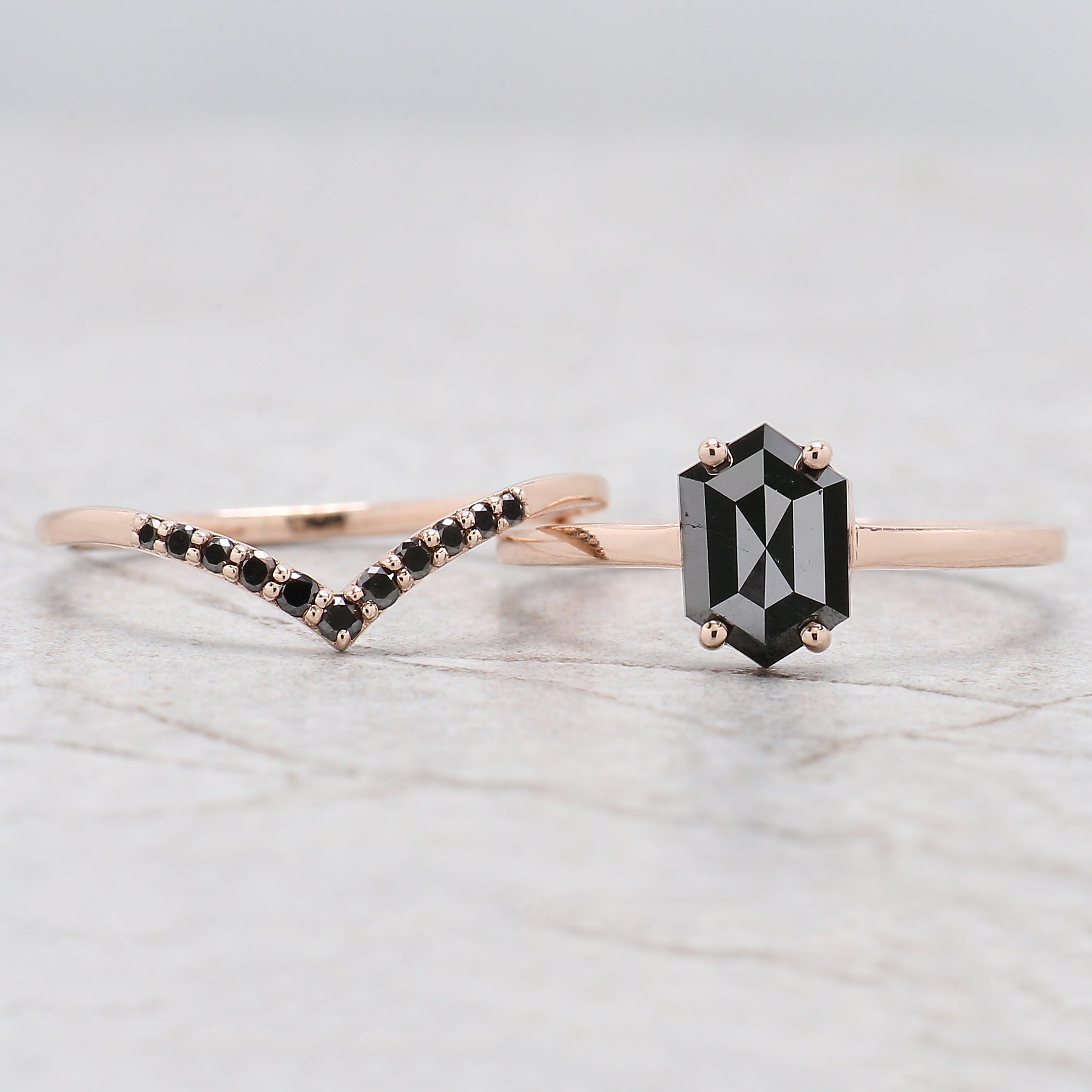 1.13 Ct Natural Hexagon Shape Black Color Diamond Ring 7.90 MM Hexagon Diamond Ring 14K Solid Rose Gold Silver Engagement Ring QL9082
