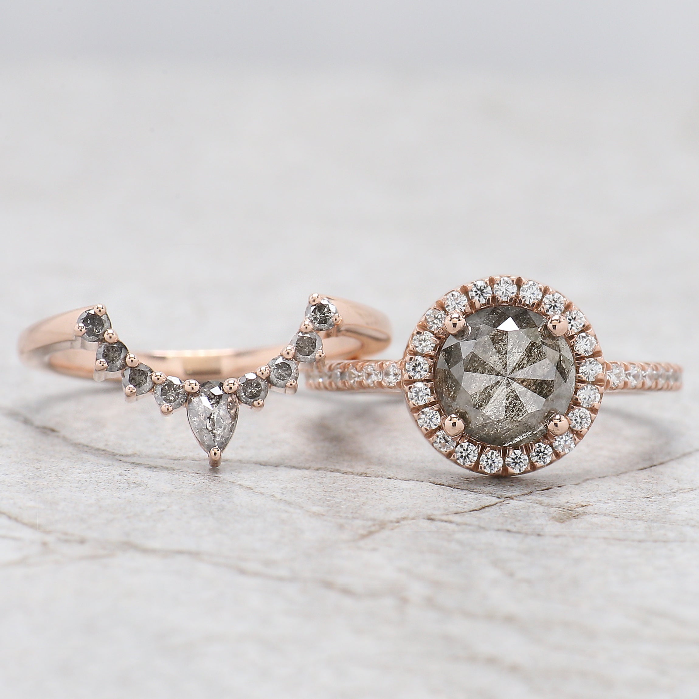 Round Rose Cut Salt And Pepper Diamond Ring 1.69 Ct 7.36 MM Round Diamond Ring 14K Rose Gold Silver Engagement Ring Gift For Her QL1949