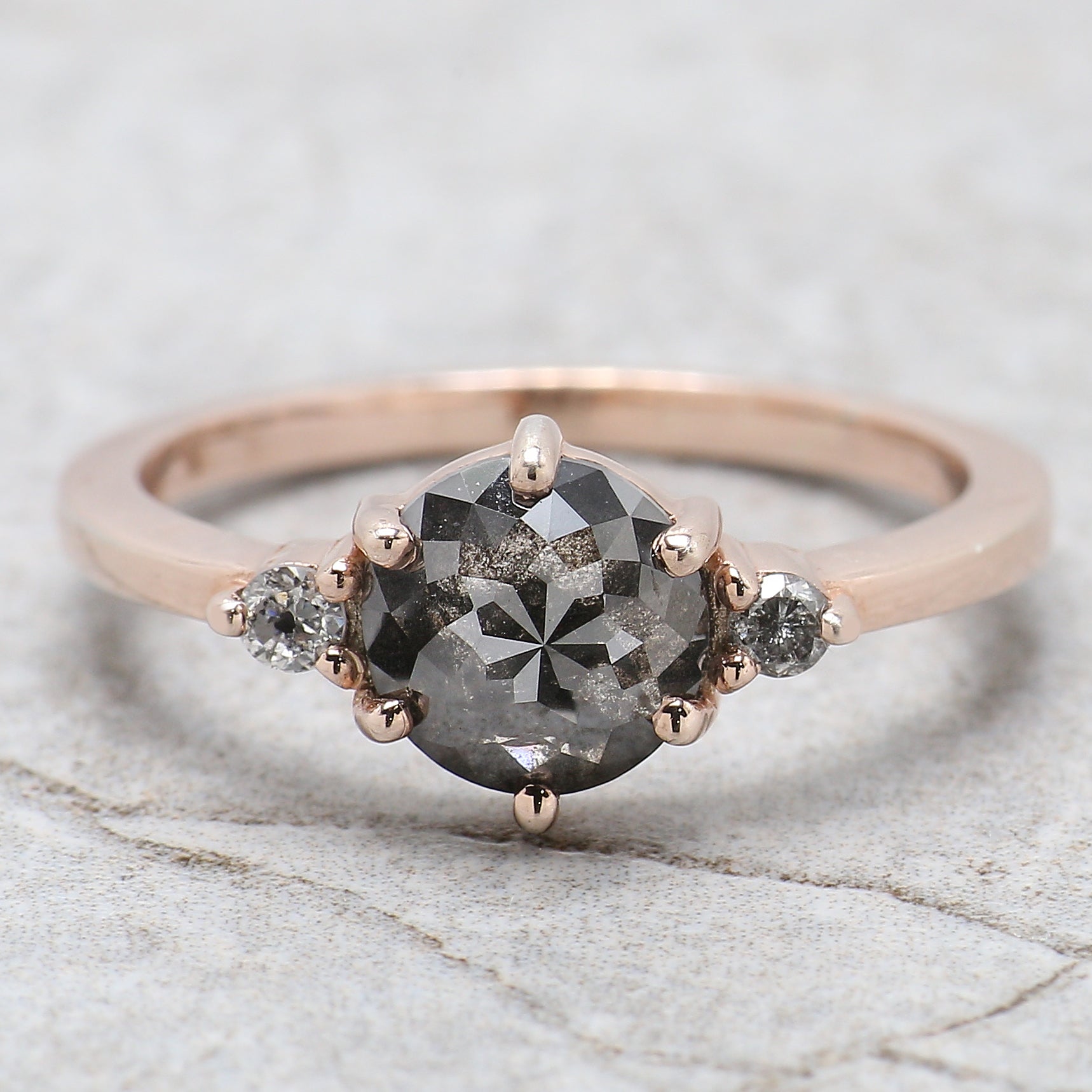 Round Rose Cut Salt And Pepper Diamond Ring 1.78 Ct 7.20 MM Round Diamond Ring 14K Rose Gold Silver Engagement Ring Gift For Her QN9666