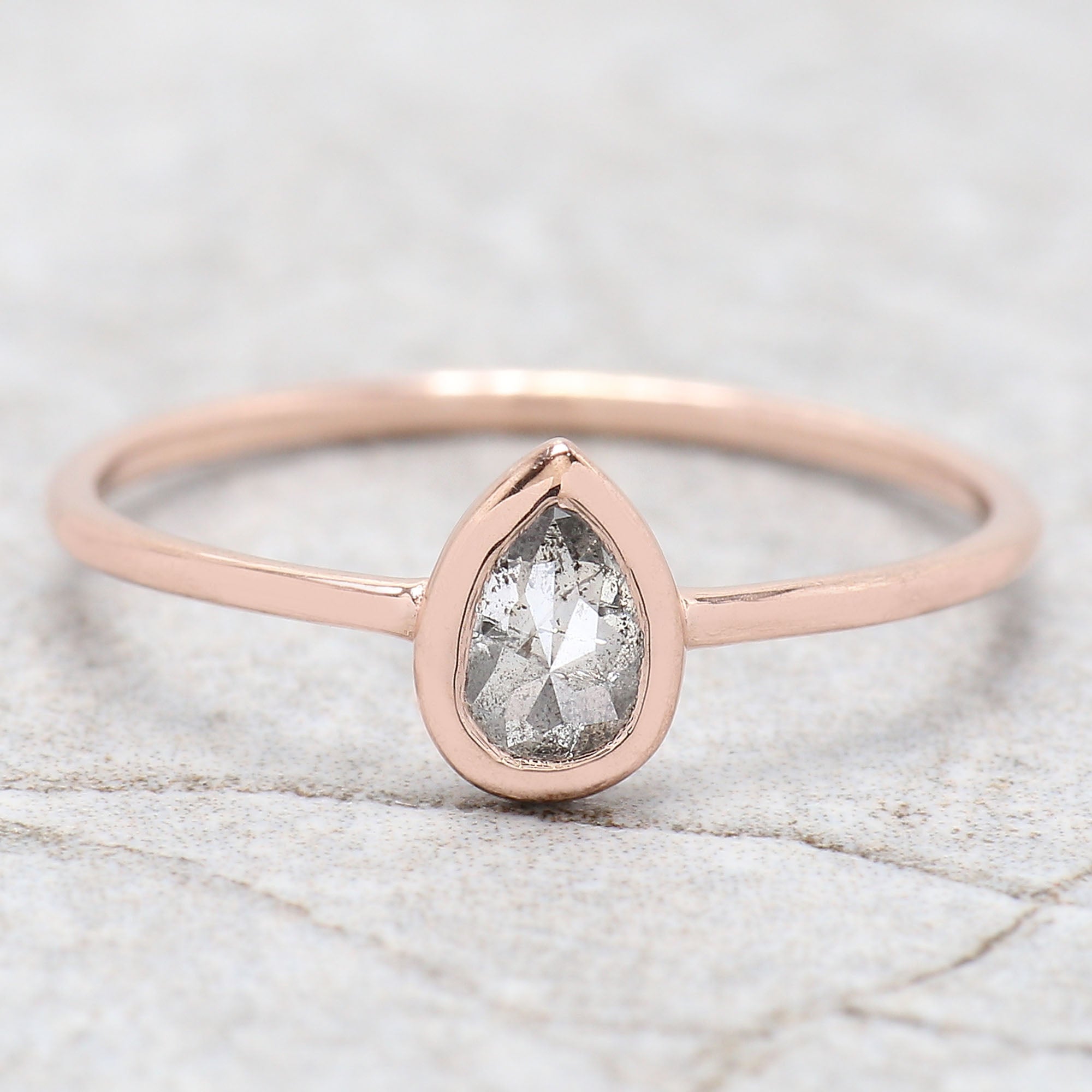 Pear Cut Salt And Pepper Diamond Ring 0.39 Ct 5.40 MM Pear Diamond Ring 14K Solid Rose Gold Silver Pear Engagement Ring Gift For Her QLB280