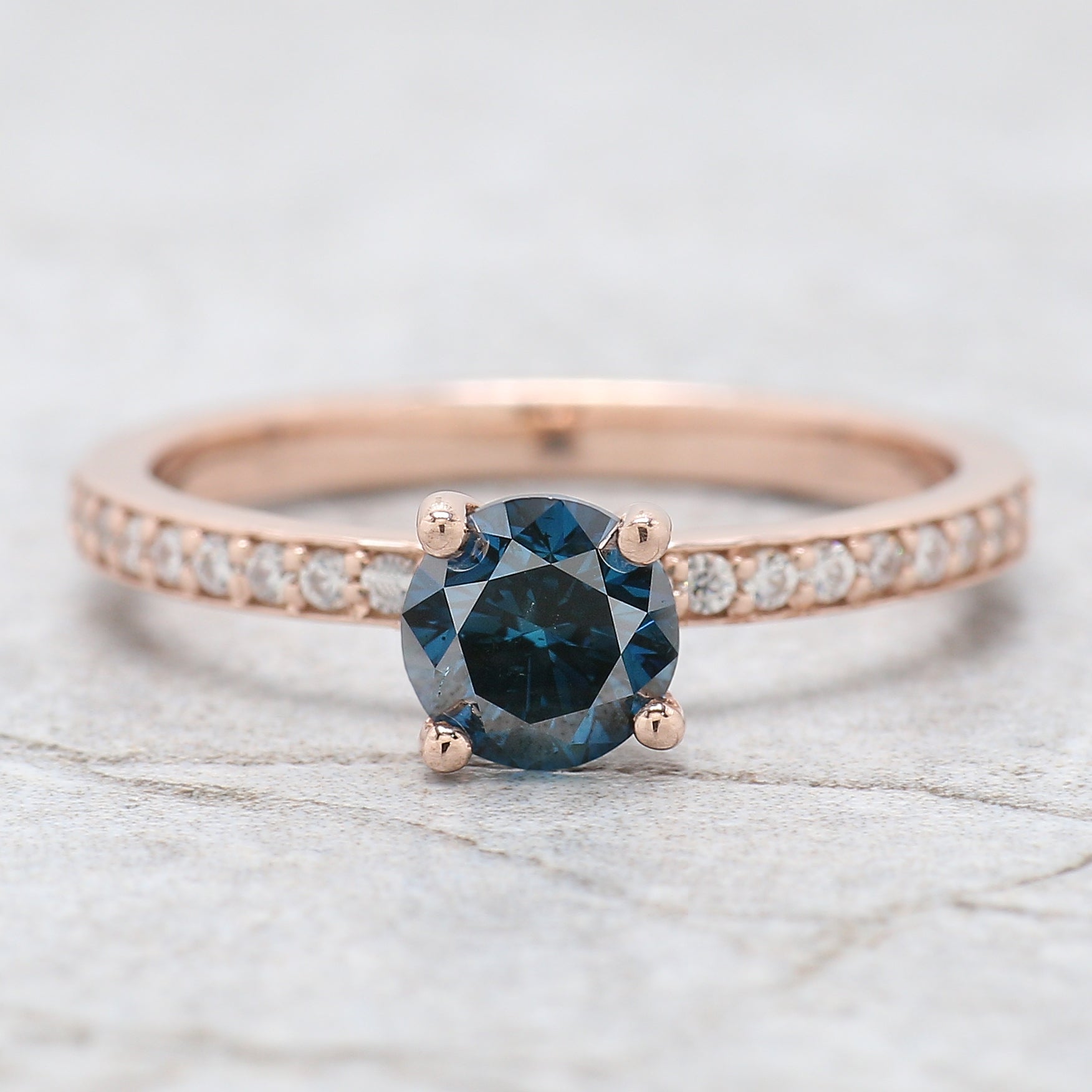 Round Shape Blue Color Diamond Ring 0.74 Ct 5.60 MM Round Cut Diamond Ring 14K Solid Rose Gold Silver Engagement Ring Gift For Her QL1596