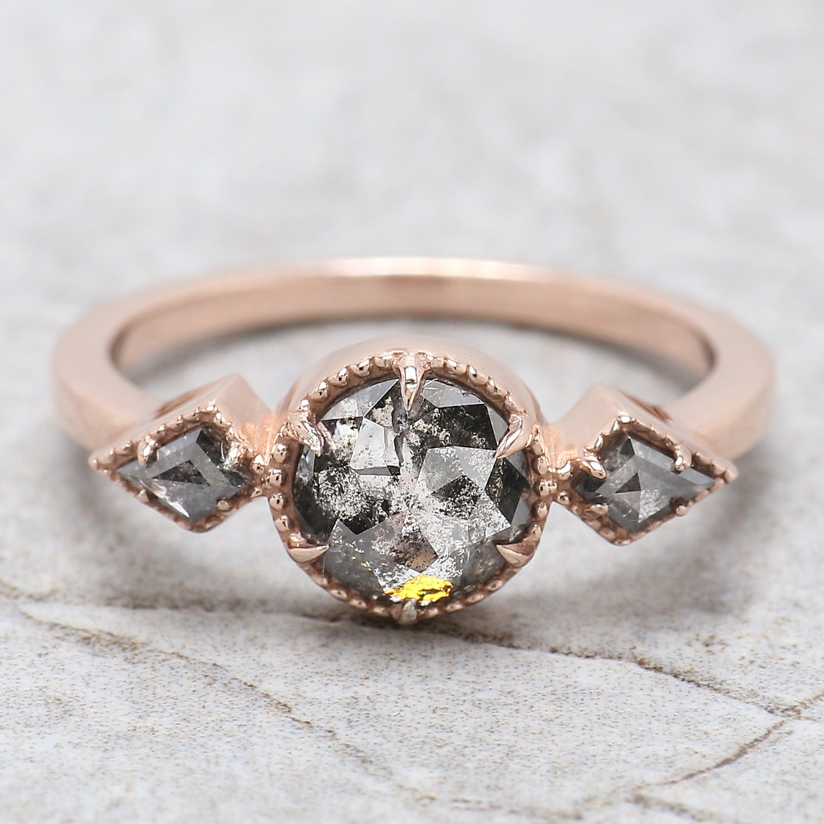 Round Rose Cut Salt And Pepper Diamond Ring 1.08 Ct 6.35 MM Round Diamond Ring 14K Rose Gold Silver Engagement Ring Gift For Her QL1402