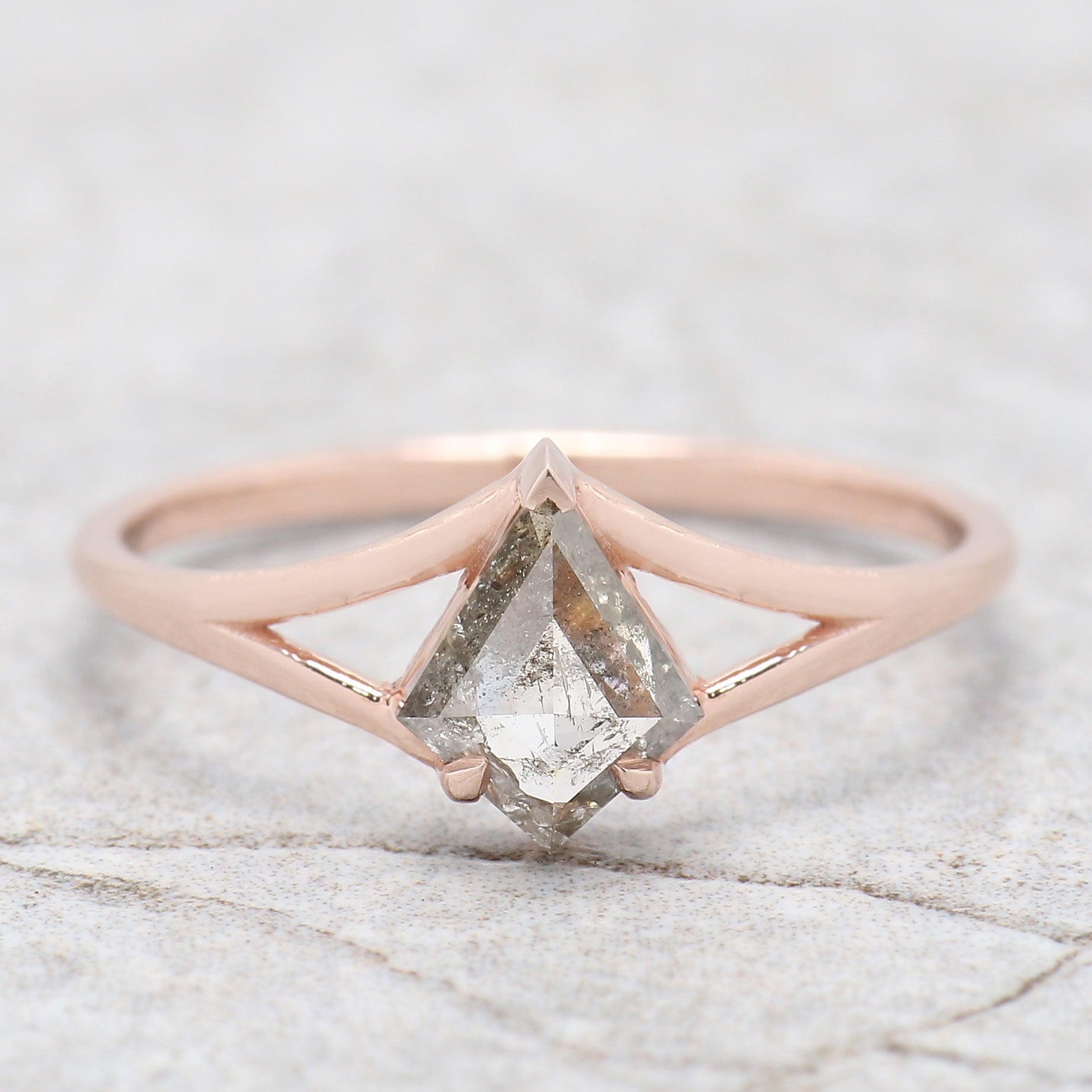 Kite Cut Salt And Pepper Diamond Ring 0.63 Ct 7.48 MM Kite Diamond Ring 14K Solid Rose Gold Silver Kite Engagement Ring Gift For Her QL2041