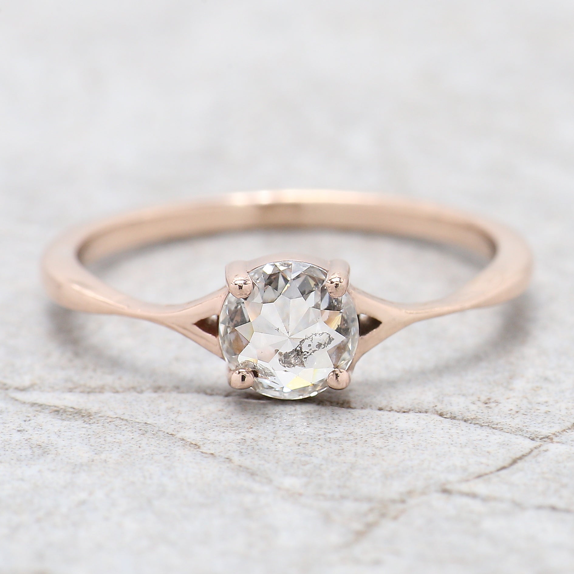 Round Rose Cut Salt And Pepper Diamond Ring 0.63 Ct 5.41 MM Round Shape Diamond Ring 14K Solid Rose Gold Engagement Ring Gift For Her QL2684