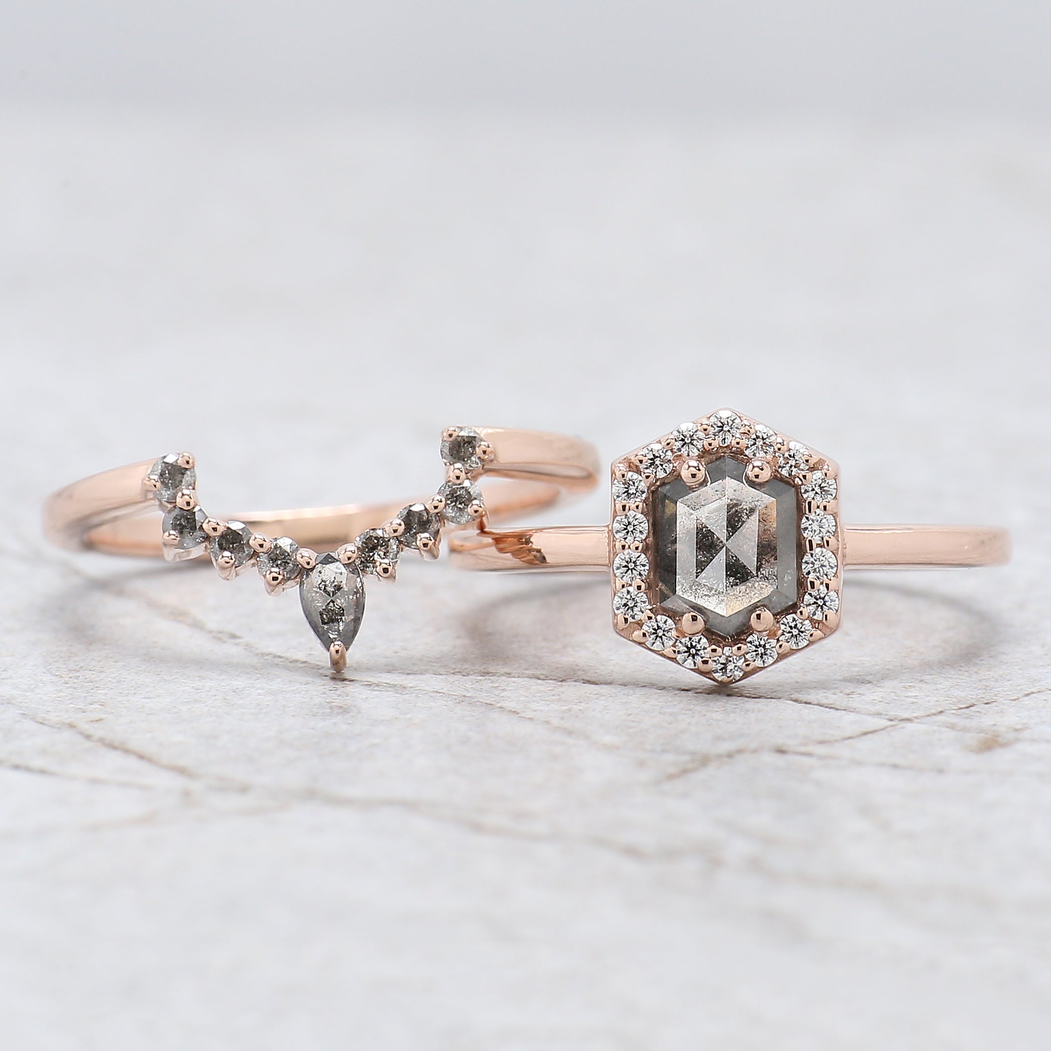 Hexagon Salt And Pepper Diamond Ring 0.80 Ct 6.30 MM Hexagon Cut Diamond Ring 14K Solid Rose Gold Silver Engagement Ring Gift For Her QL637