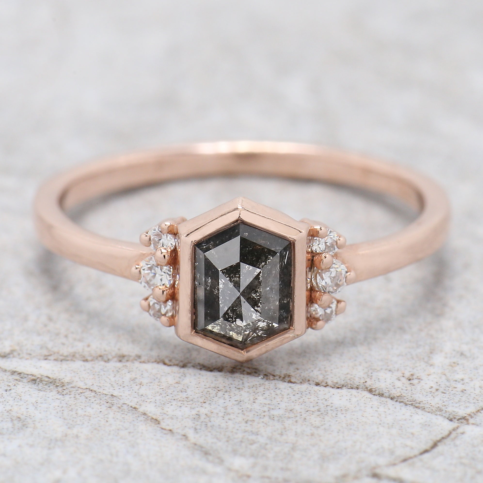 Hexagon Cut Salt And Pepper Diamond Ring 0.83 Ct 6.50 MM Hexagon Cut Diamond Ring 14K Rose Gold Silver Engagement Ring Gift For Her QL1503