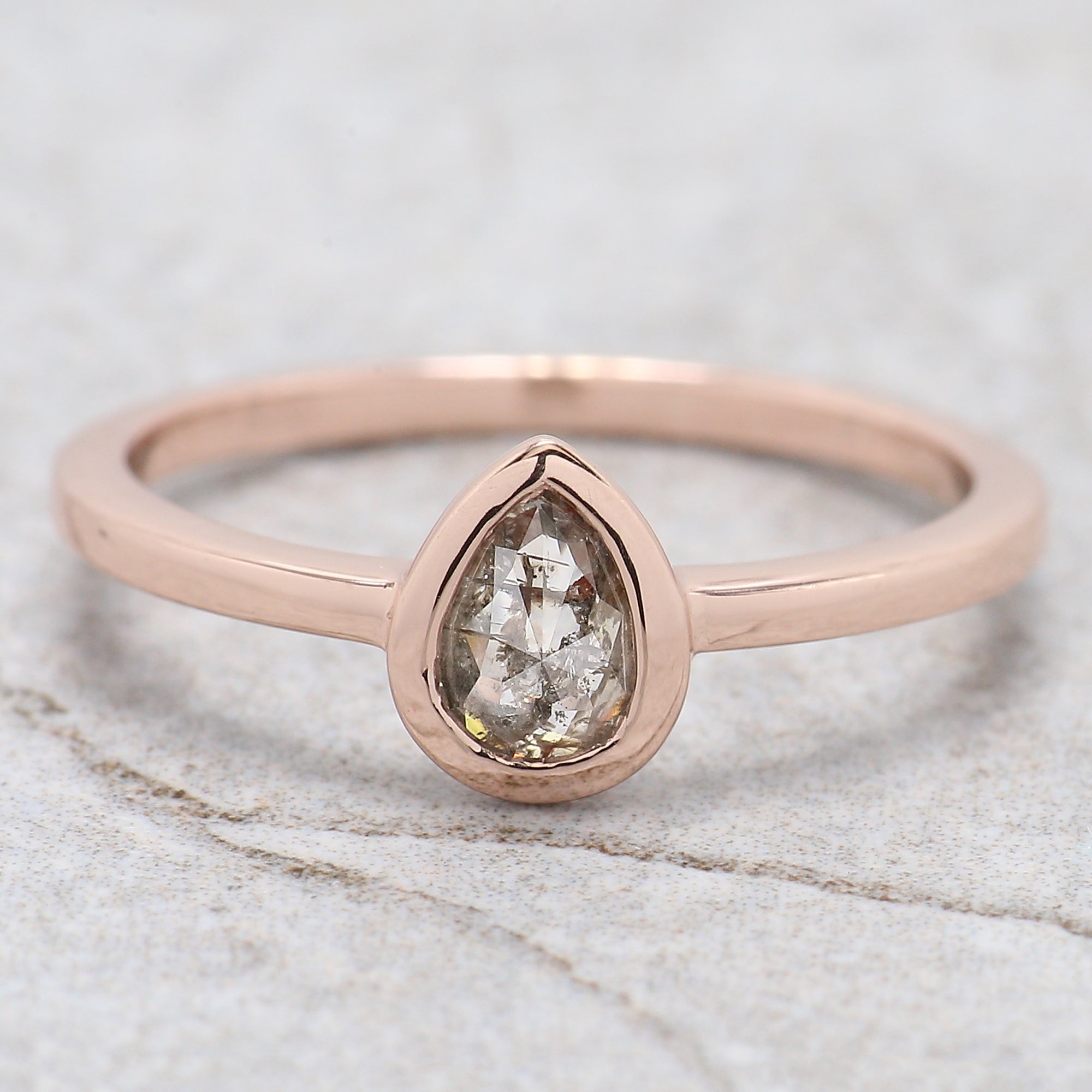 0.35 Ct Natural Pear Cut Salt And Pepper Diamond Ring 6.15 MM Pear Diamond Ring 14K Solid Rose Gold Silver Engagement Ring Pear Ring QN554