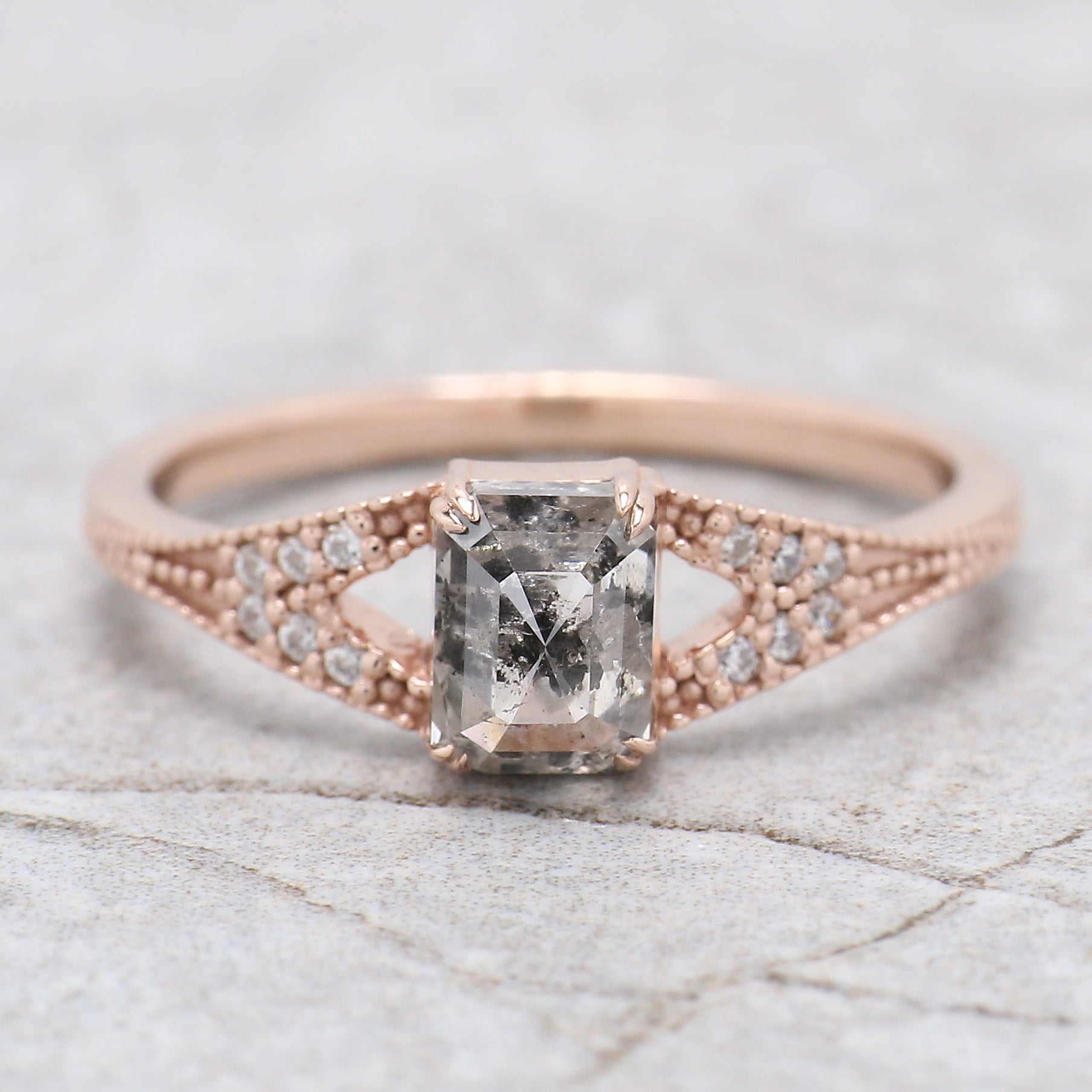 Emerald Cut Salt And Pepper Diamond Ring 0.94 Ct 5.88 MM Emerald Diamond Ring 14K Solid Rose Gold Silver Engagement Ring Gift For Her QL9559