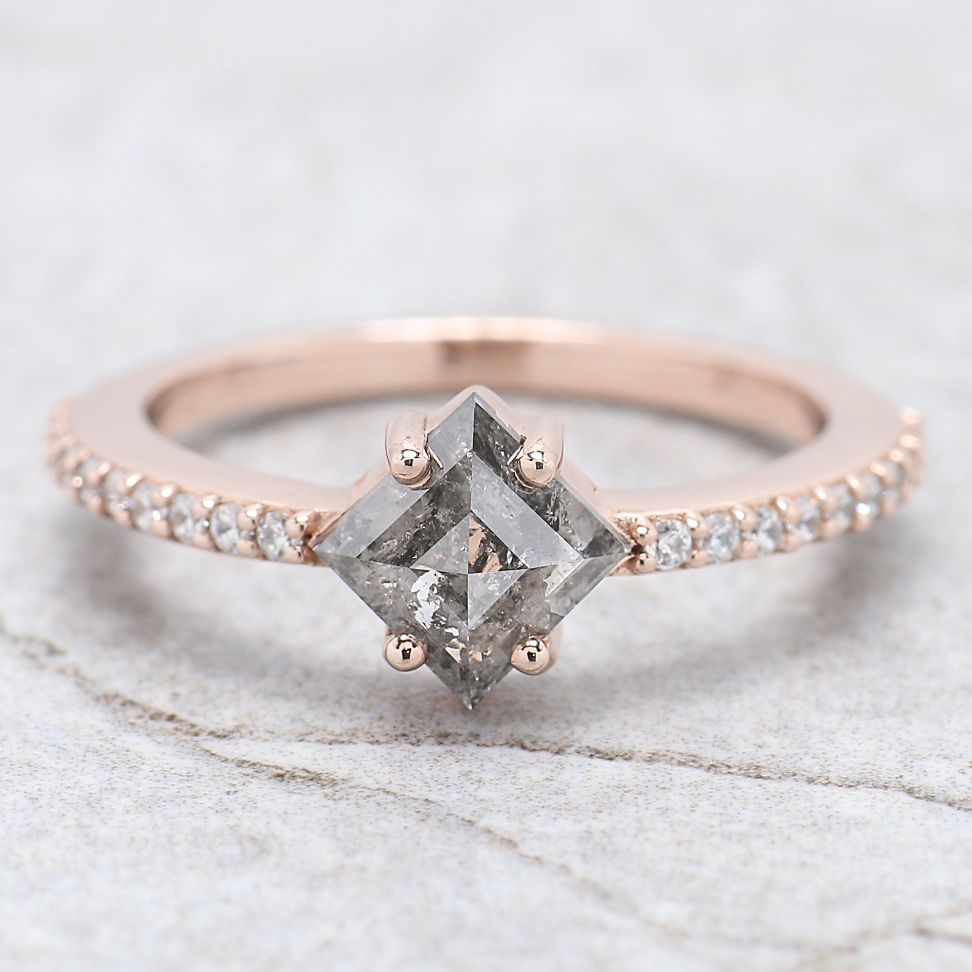 Kite Cut Salt And Pepper Diamond Ring 0.98 Ct 7.70 MM Kite Diamond Ring 14K Solid Rose Gold Silver Kite Engagement Ring Gift For Her QL9339
