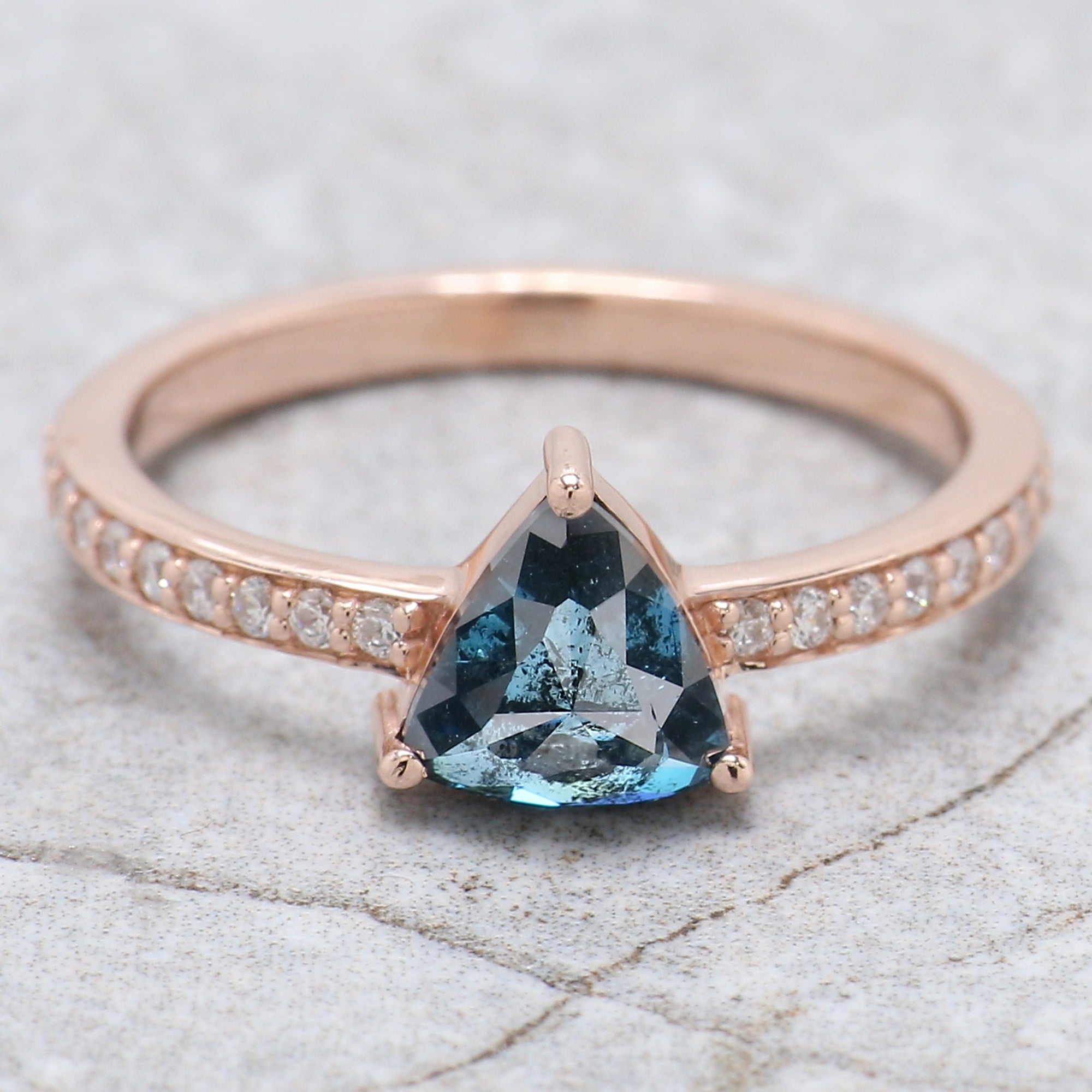 Triangle Cut Blue Color Diamond Ring 1.02 Ct 6.50 MM Triangle Shape Diamond Ring 14K Solid Rose Gold Silver Engagement Ring Gift For Her QN9474